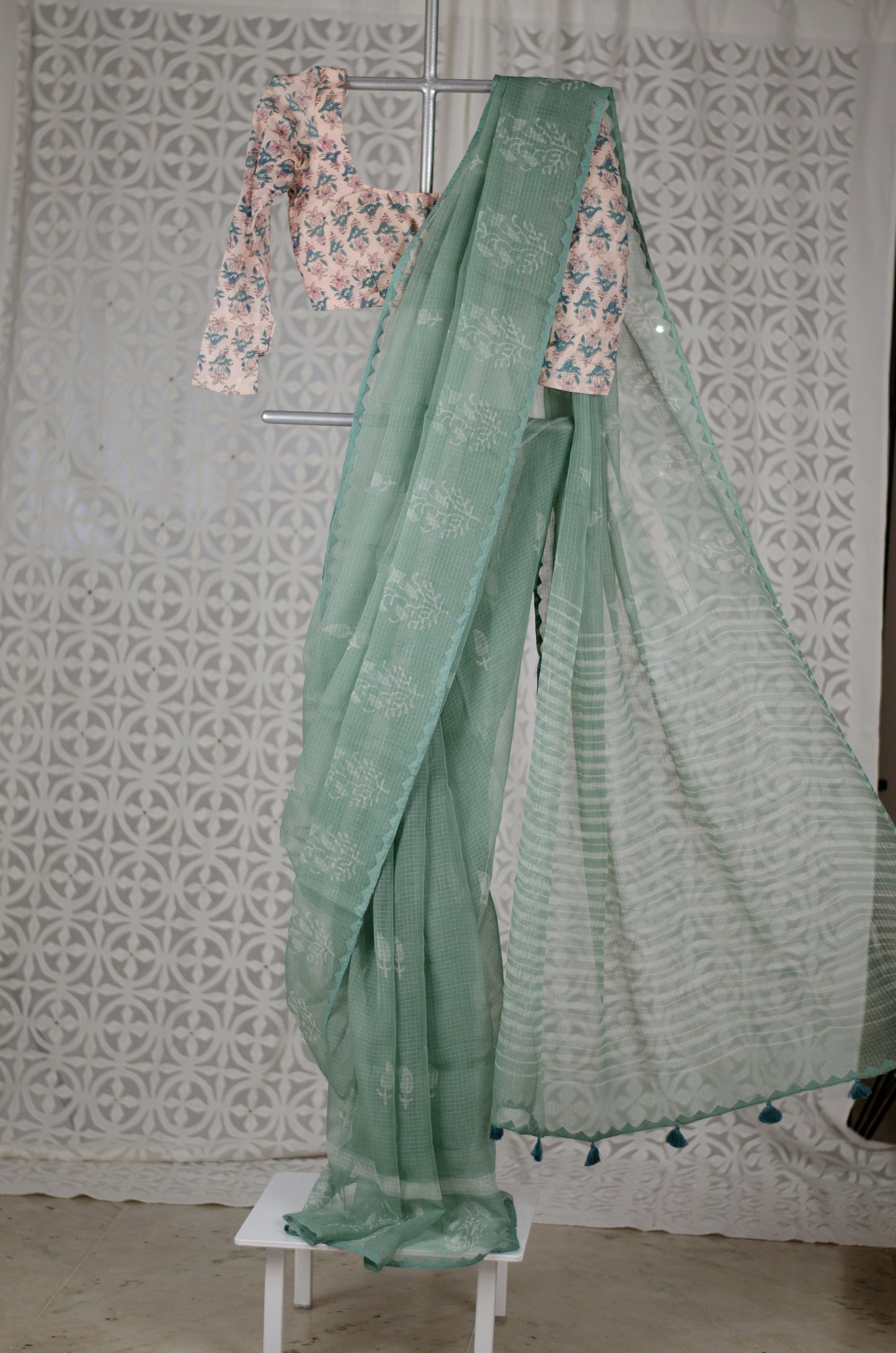 Handblock & Hand Embroidered Printed Kota Doria Saree