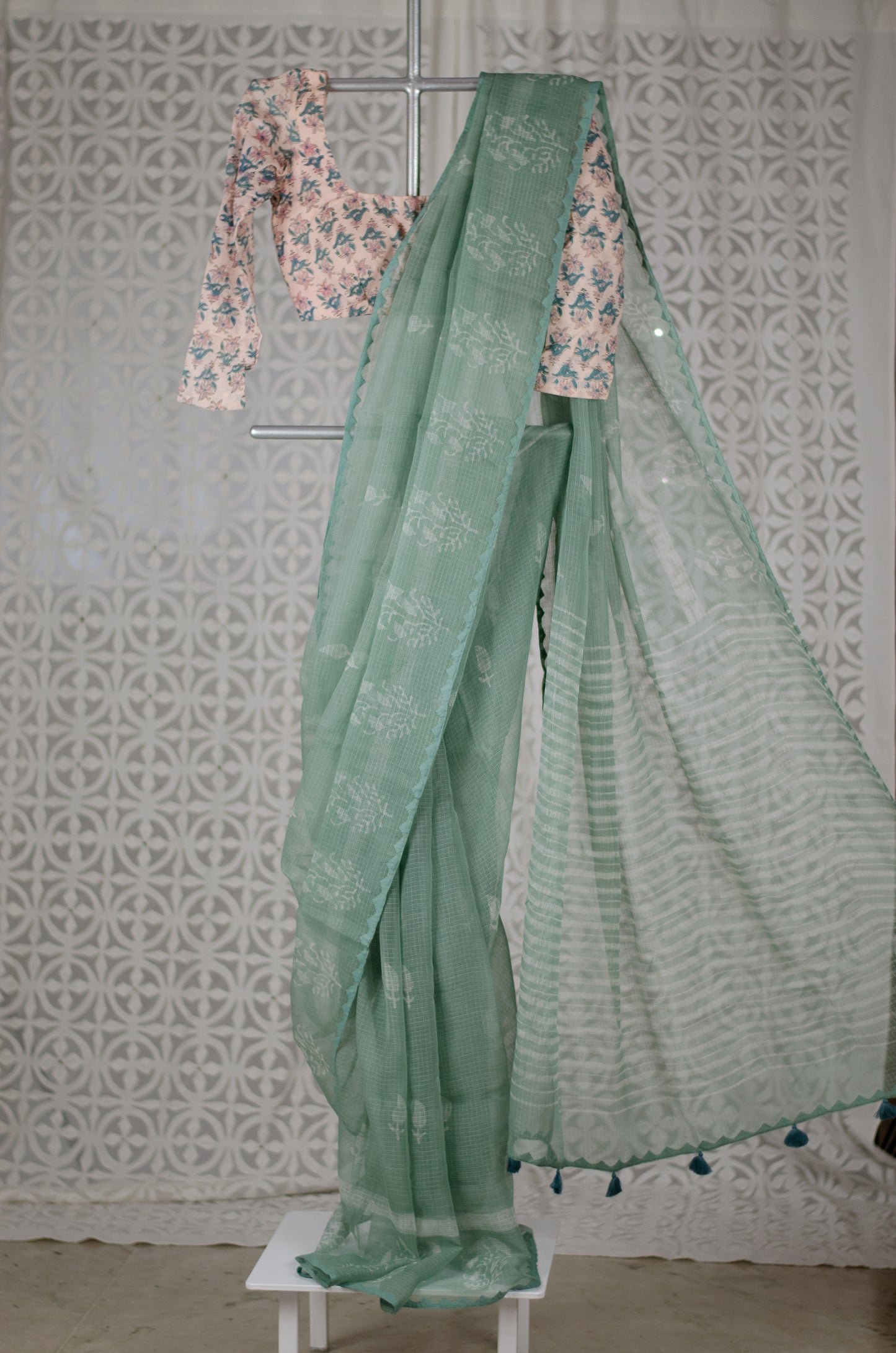 Handblock & Hand Embroidered Printed Kota Doria Saree