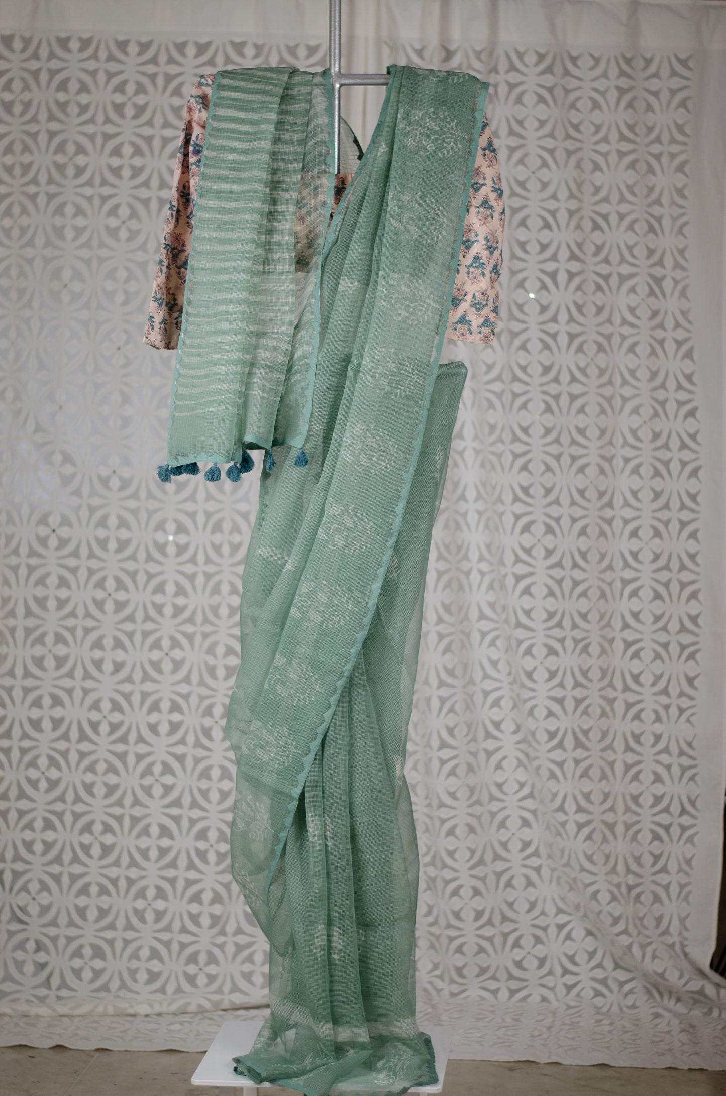 Handblock & Hand Embroidered Printed Kota Doria Saree