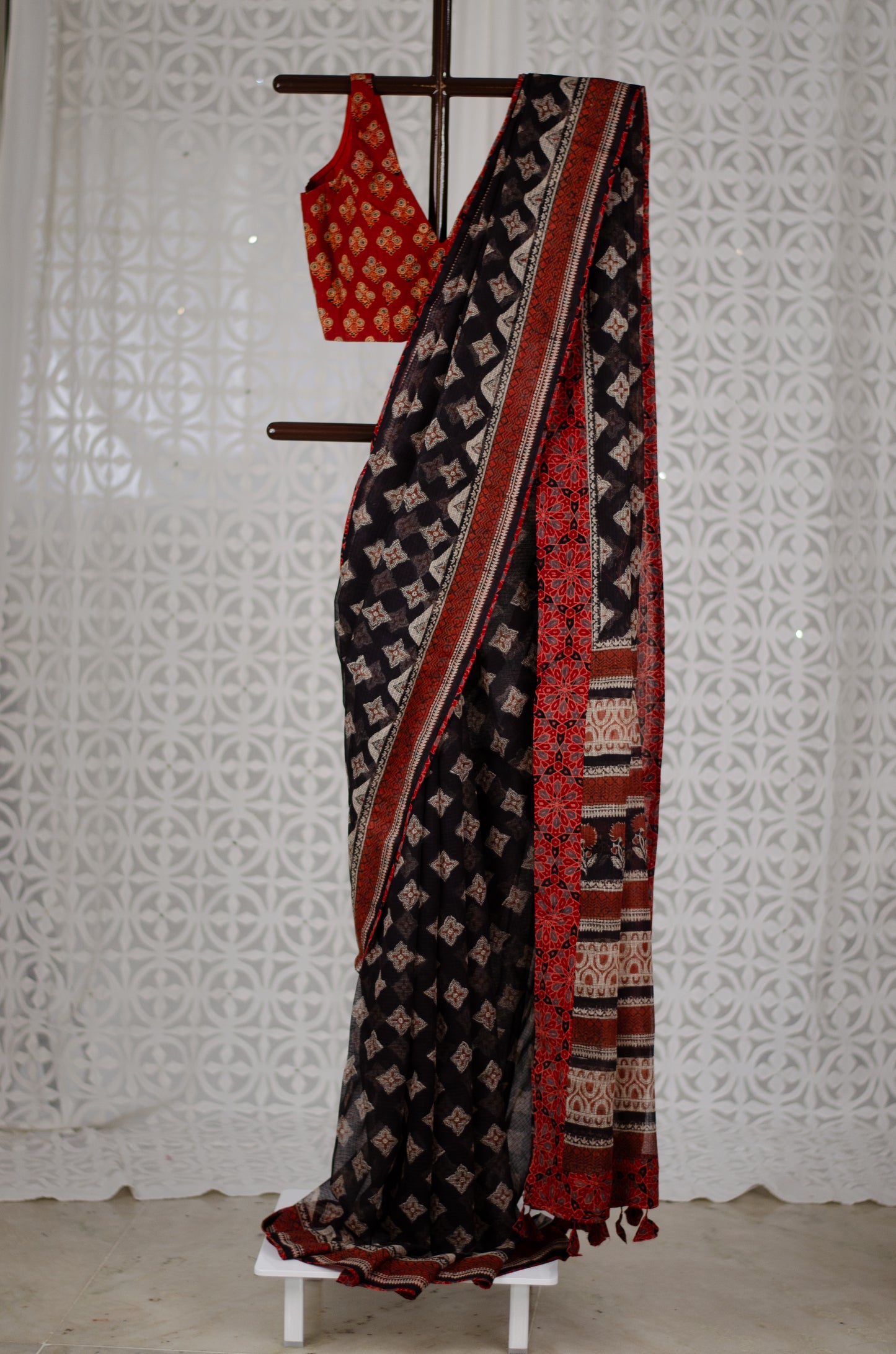 Handblock Printed and Patch Work Kota Doria Saree