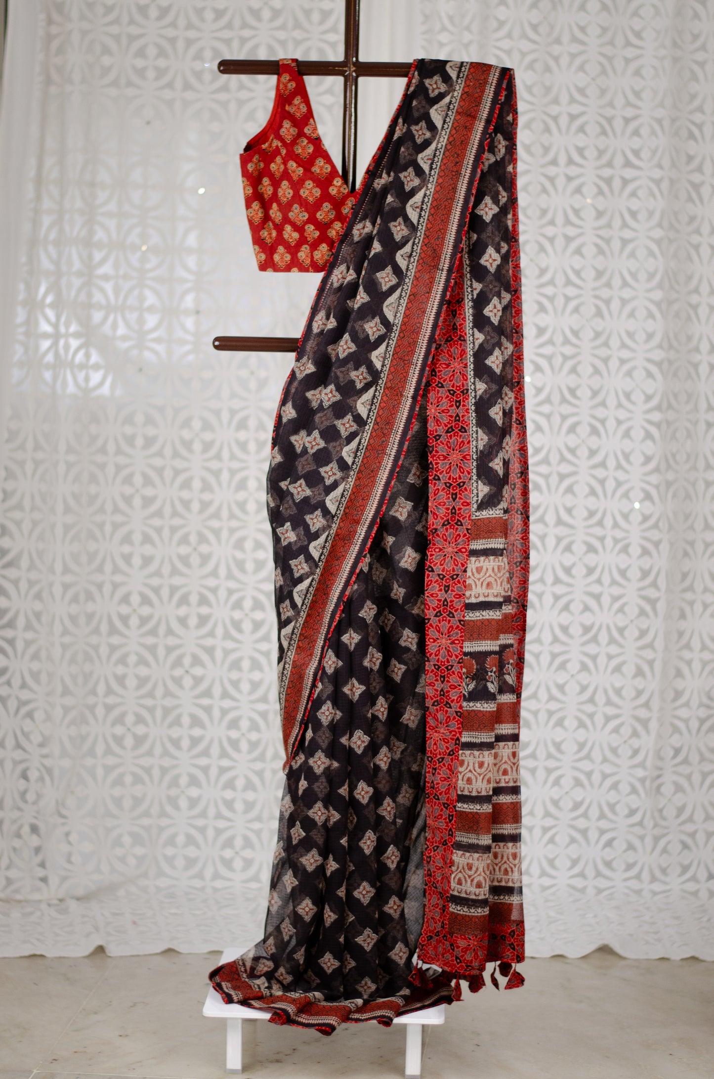 Handblock Printed and Patch Work Kota Doria Saree