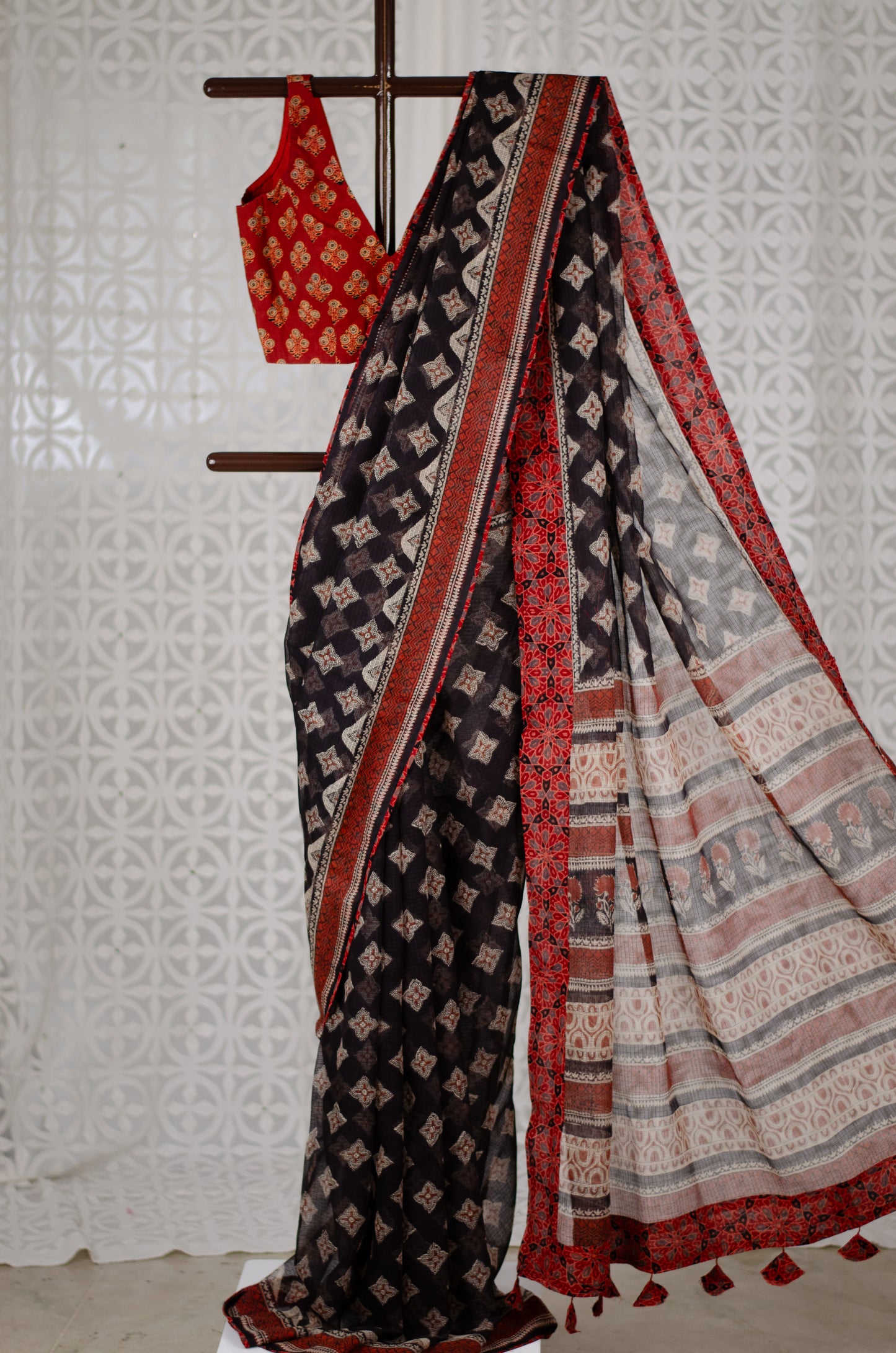 Handblock Printed and Patch Work Kota Doria Saree