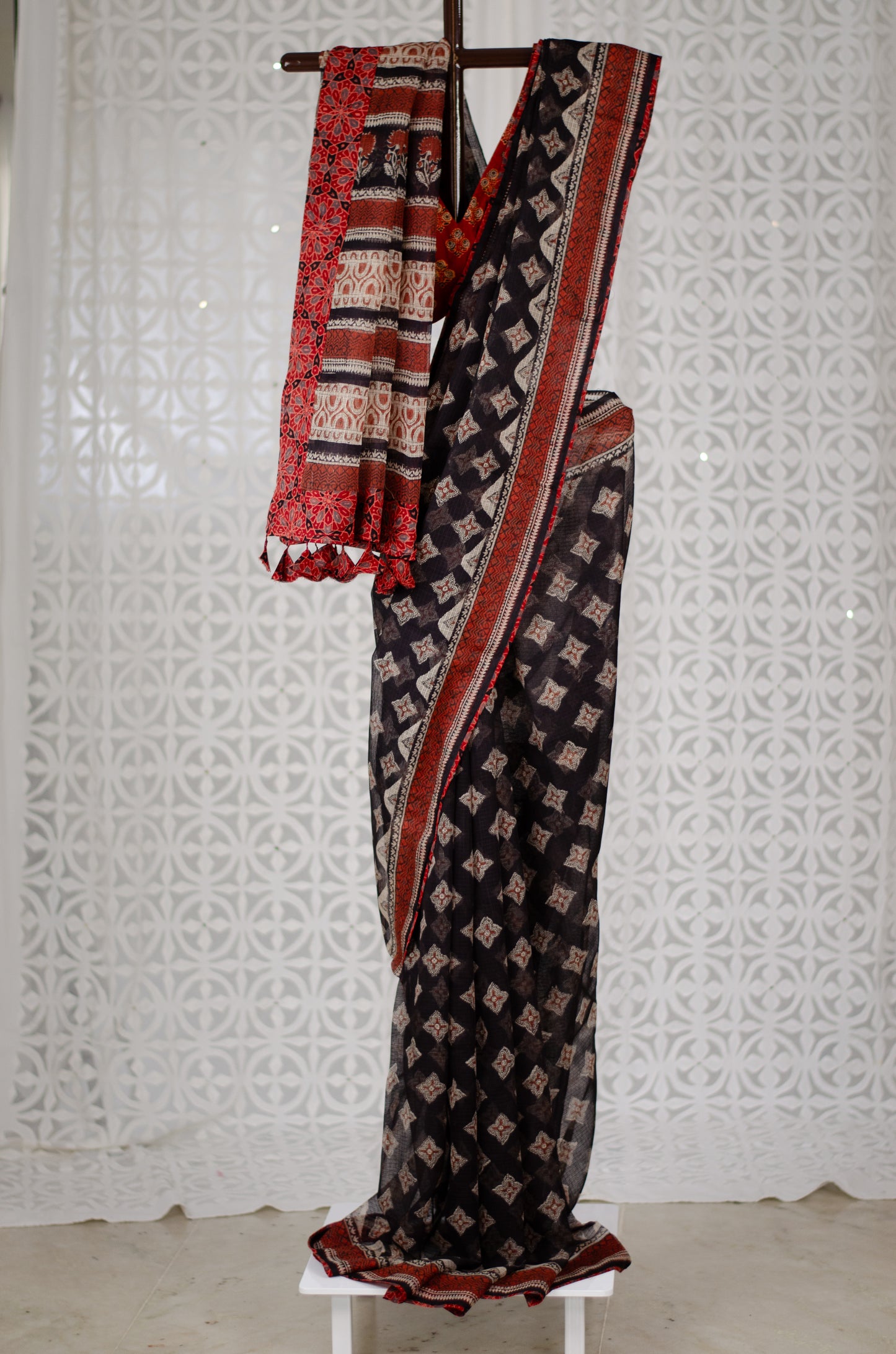 Handblock Printed and Patch Work Kota Doria Saree