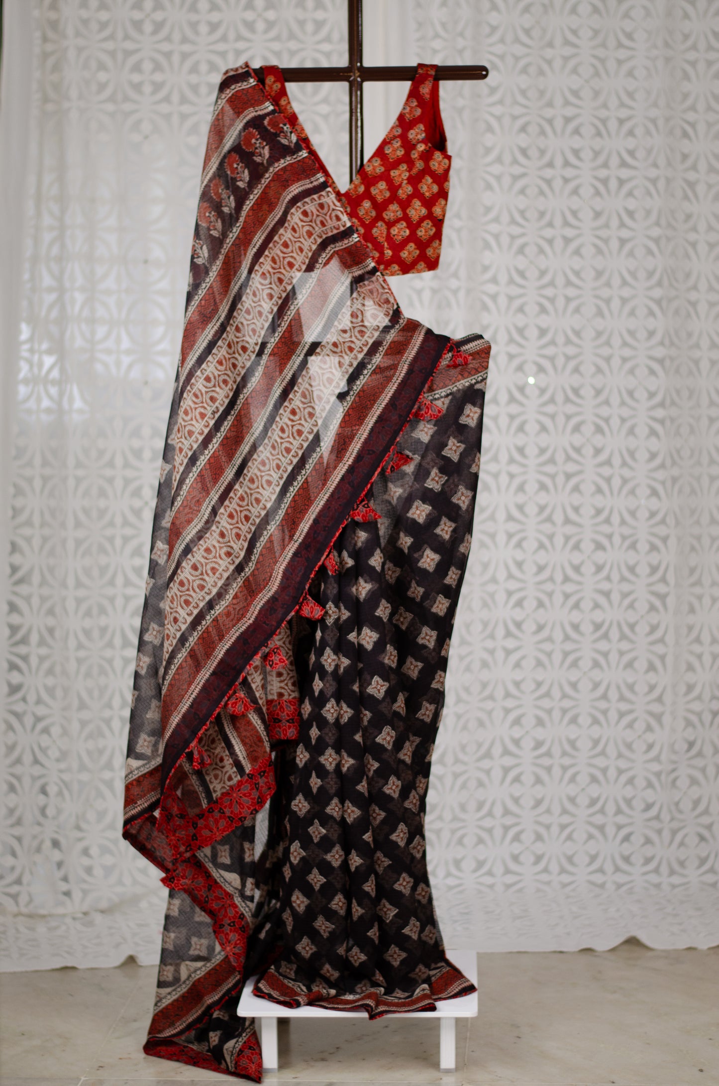 Handblock Printed and Patch Work Kota Doria Saree