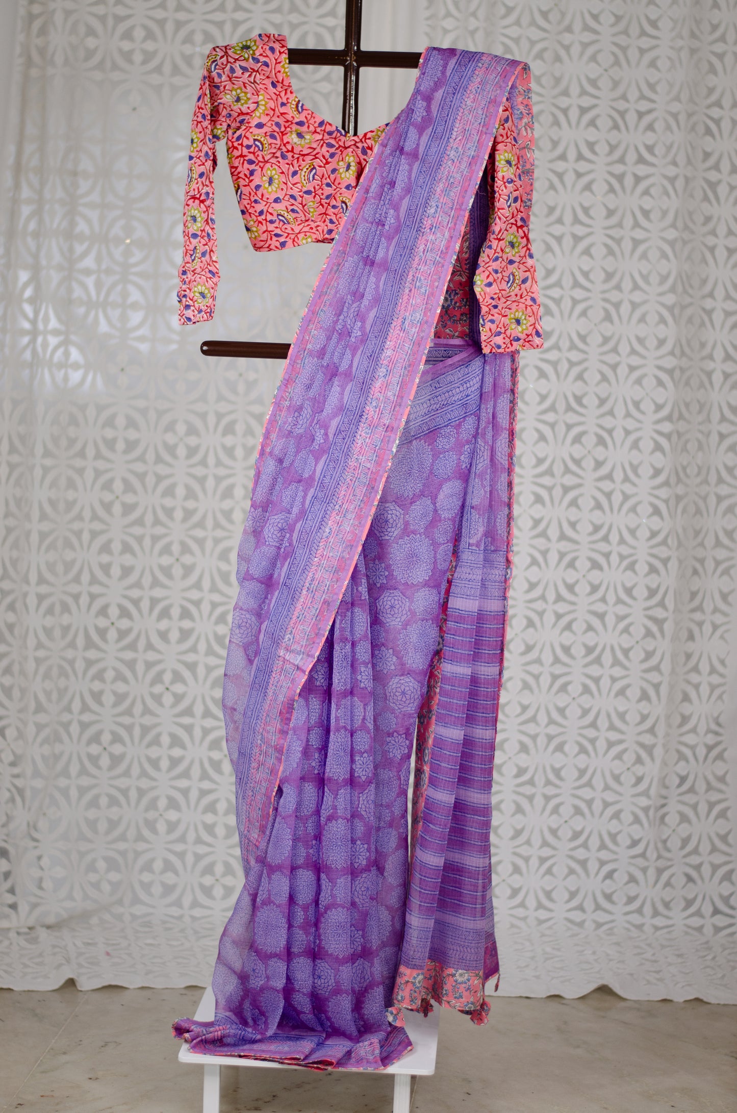 Handblock Printed and Patch Work Kota Doria Saree