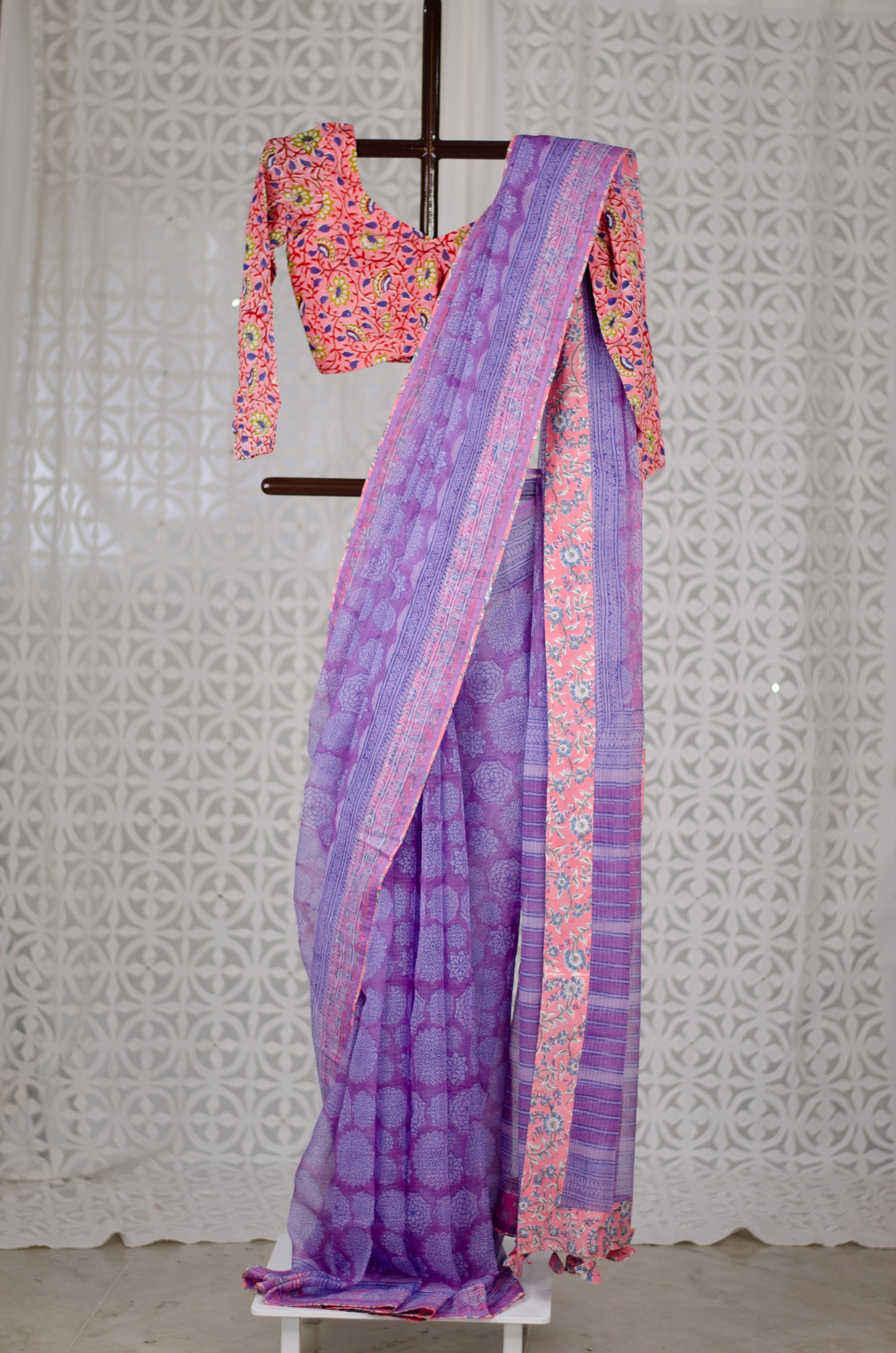 Handblock Printed and Patch Work Kota Doria Saree