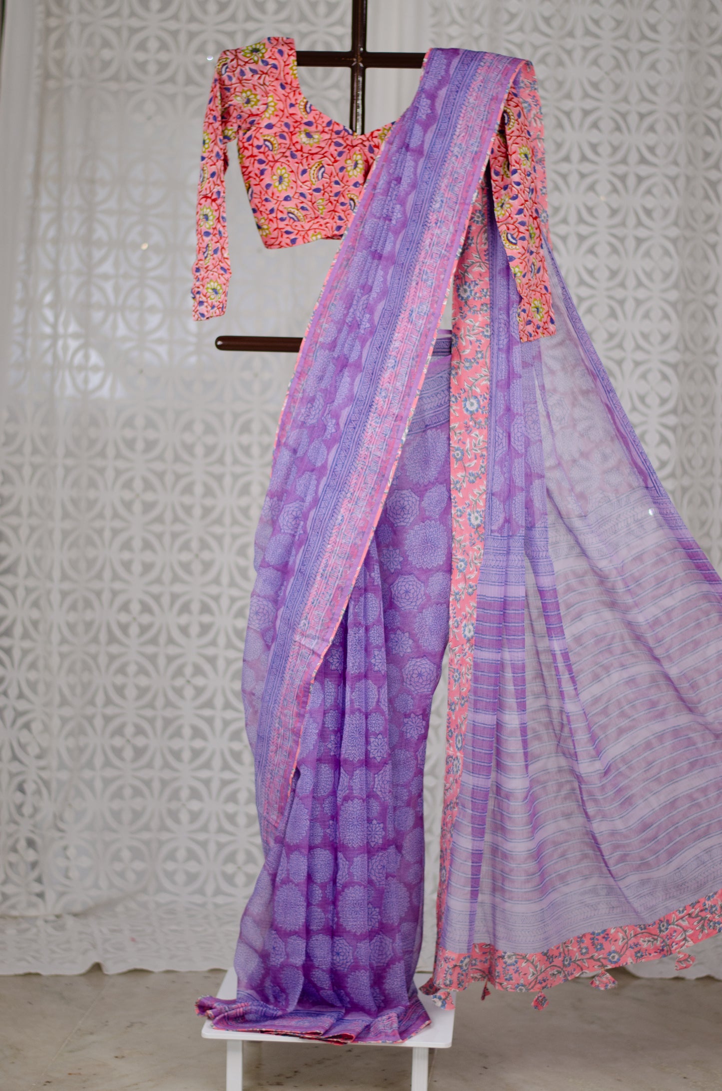 Handblock Printed and Patch Work Kota Doria Saree