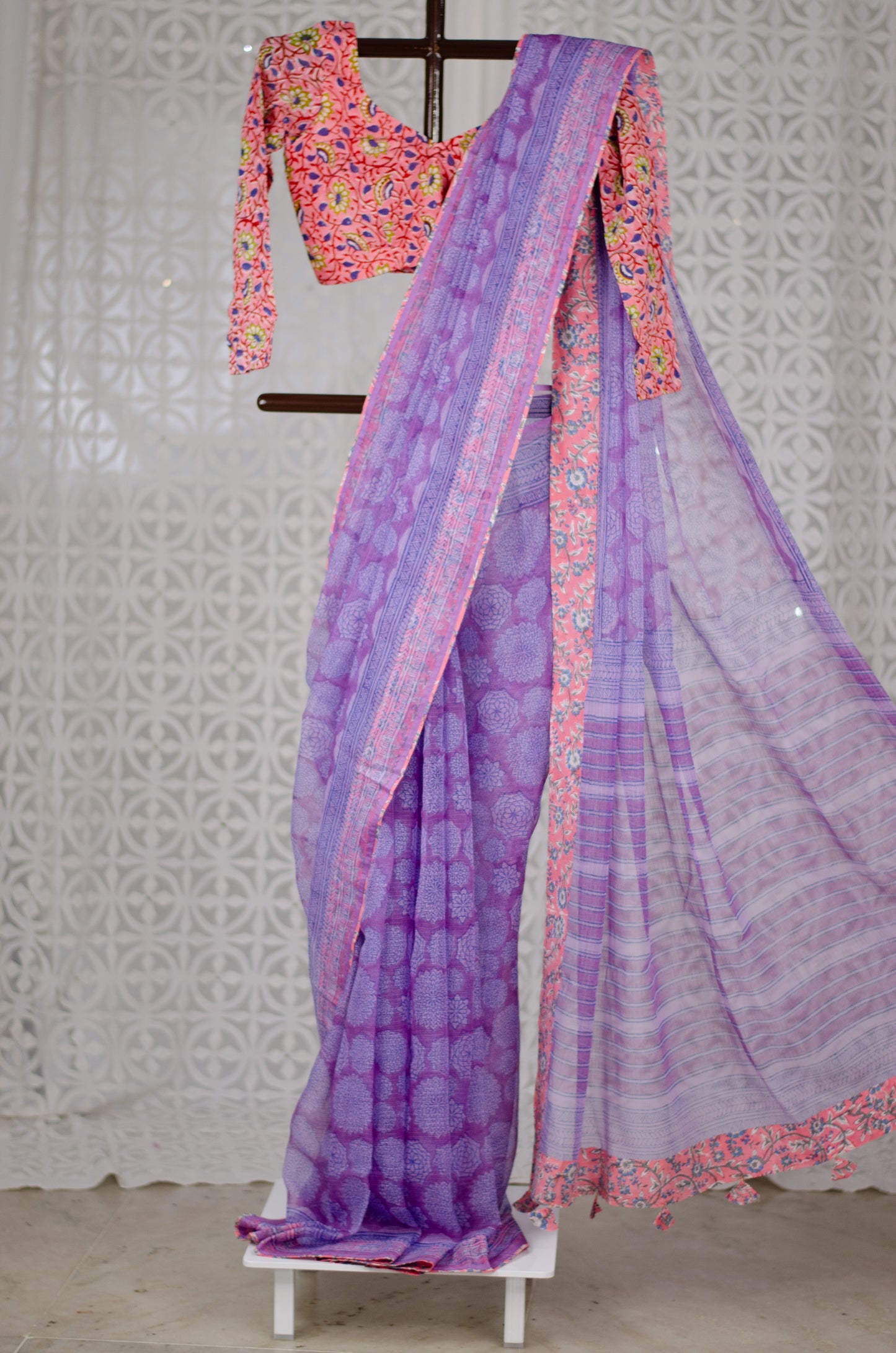 Handblock Printed and Patch Work Kota Doria Saree