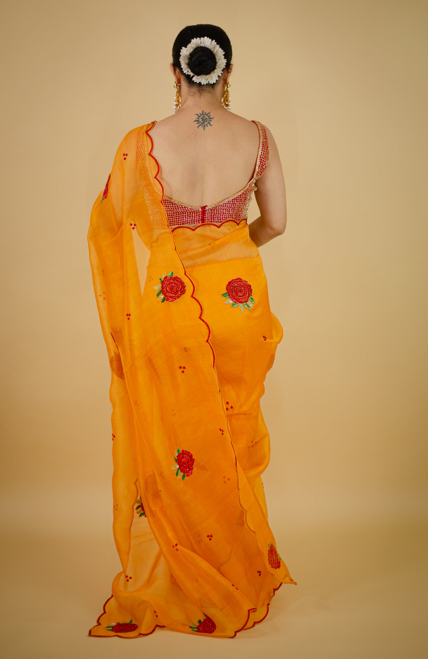 Zardosi and Sequence and Beads Hand Embroidered Handloom Organza Silk Saree