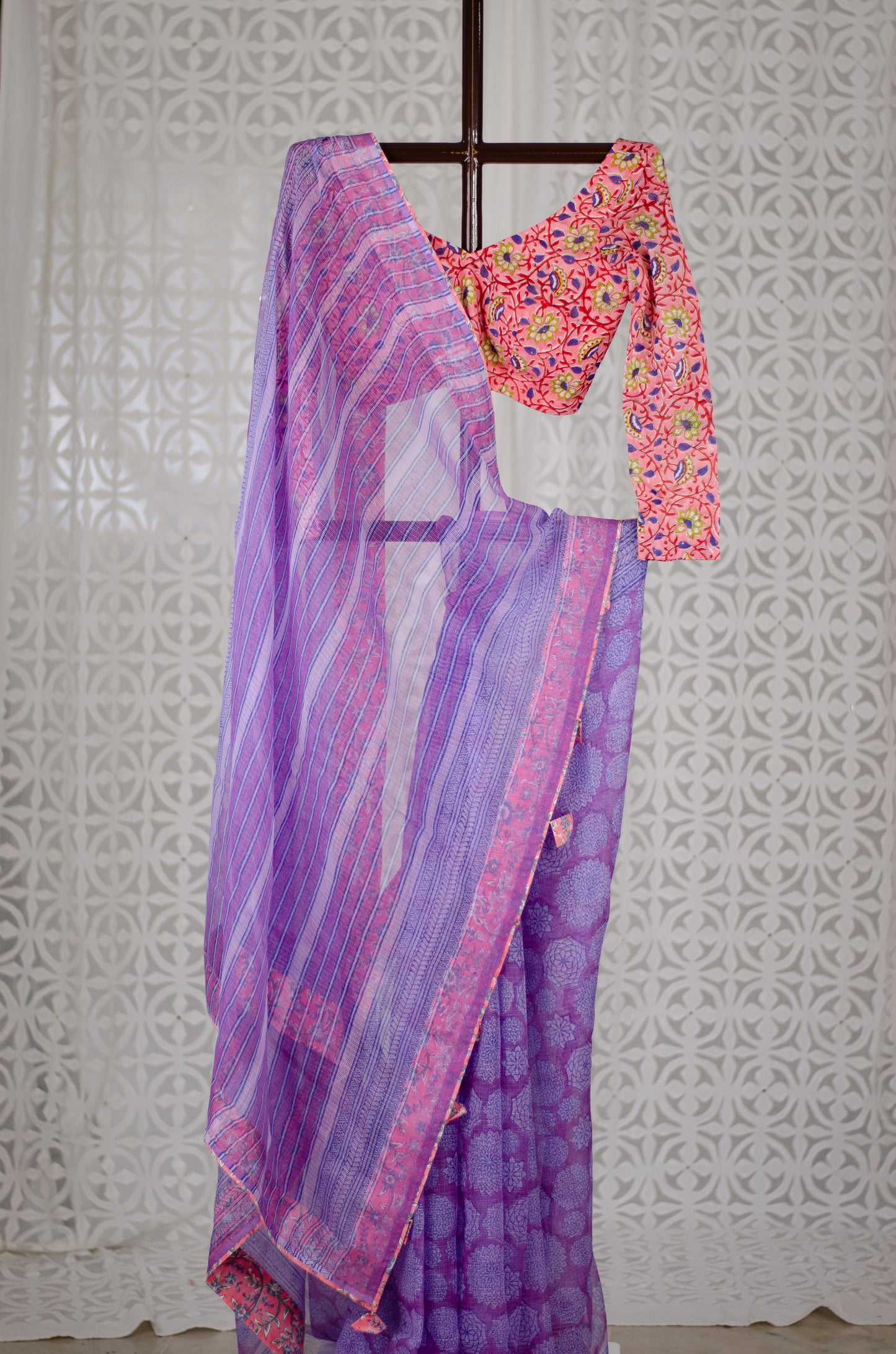 Handblock Printed and Patch Work Kota Doria Saree