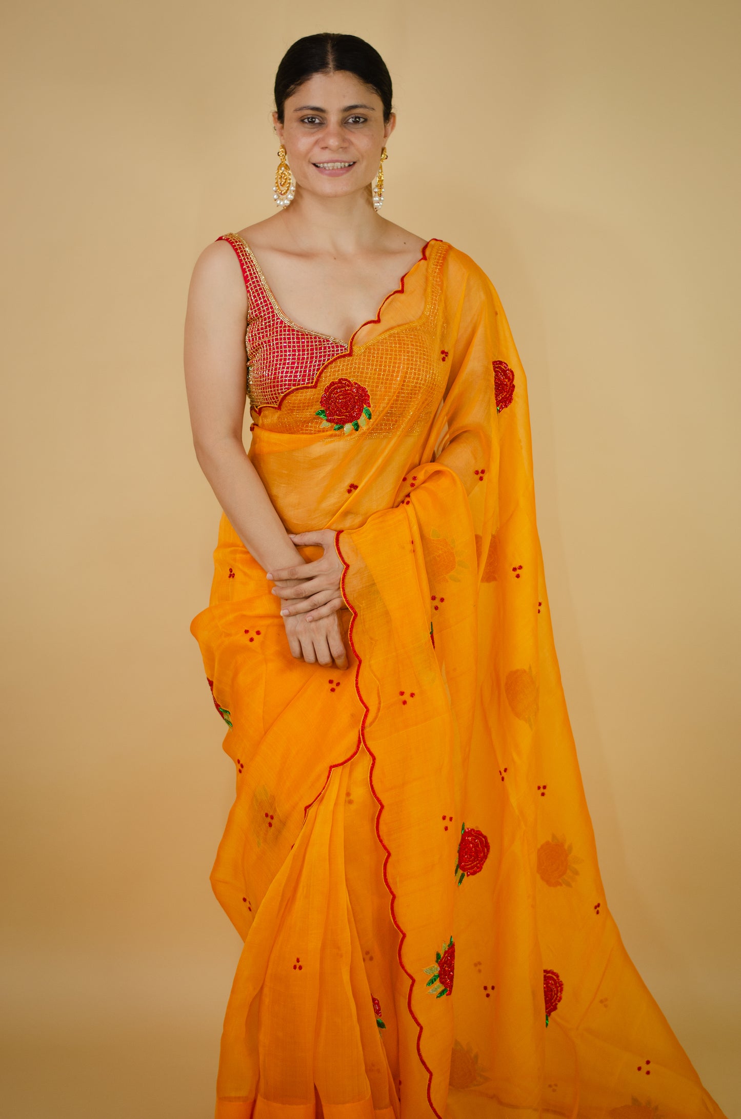 Zardosi and Sequence and Beads Hand Embroidered Handloom Organza Silk Saree