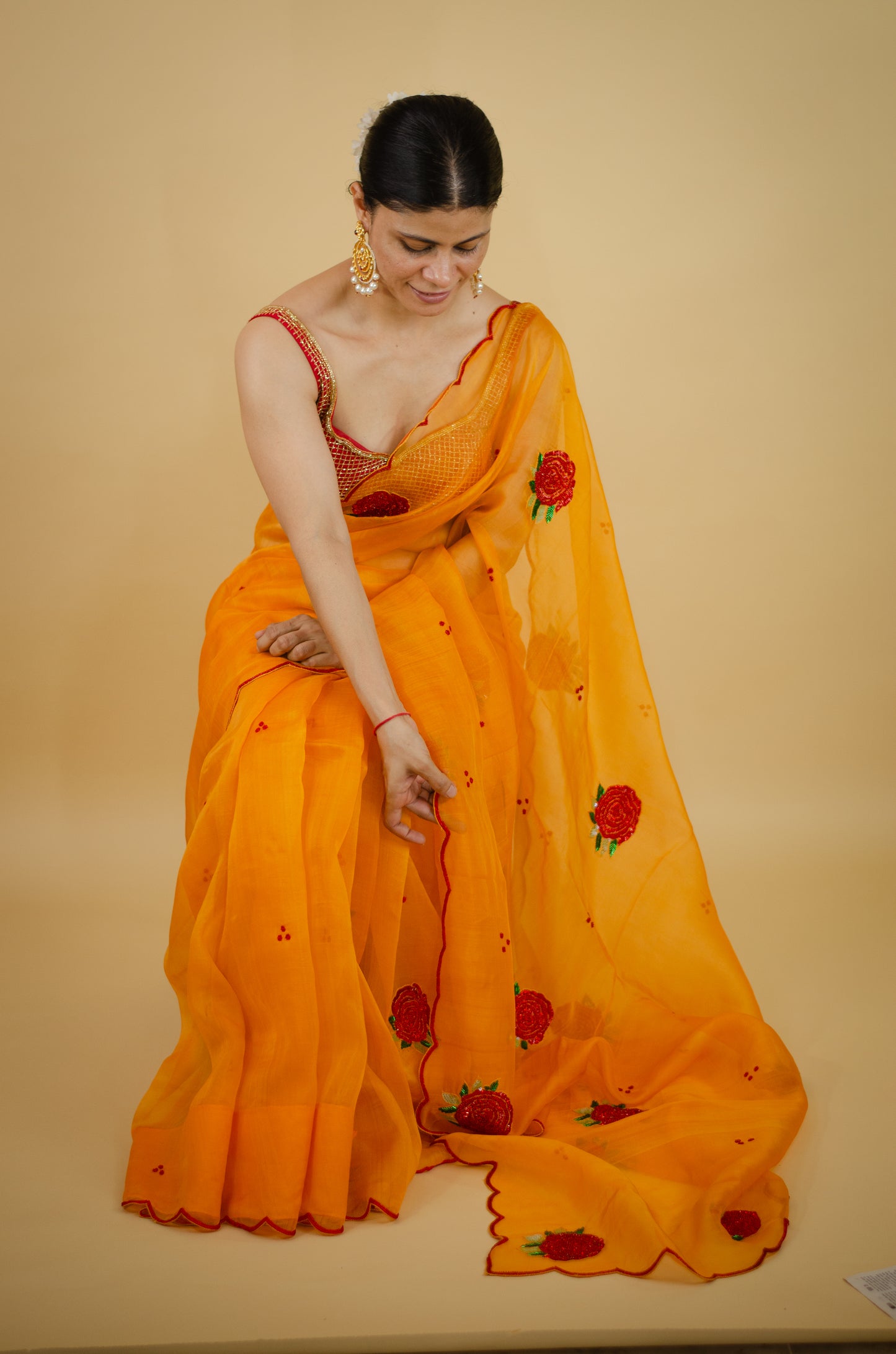 Zardosi and Sequence and Beads Hand Embroidered Handloom Organza Silk Saree