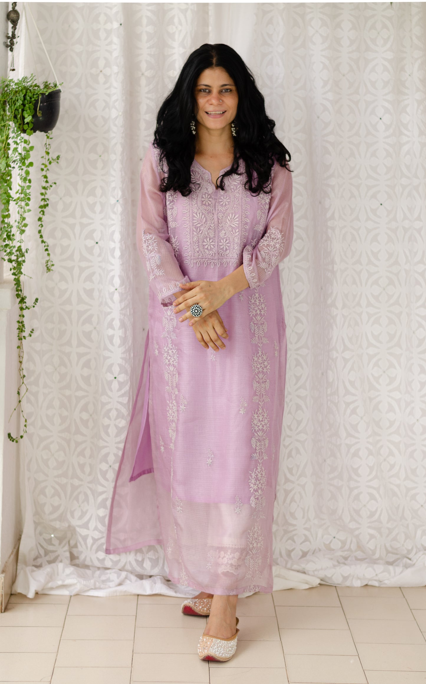 Handembroidered Chikankari Kotasilk Kurta With Lining