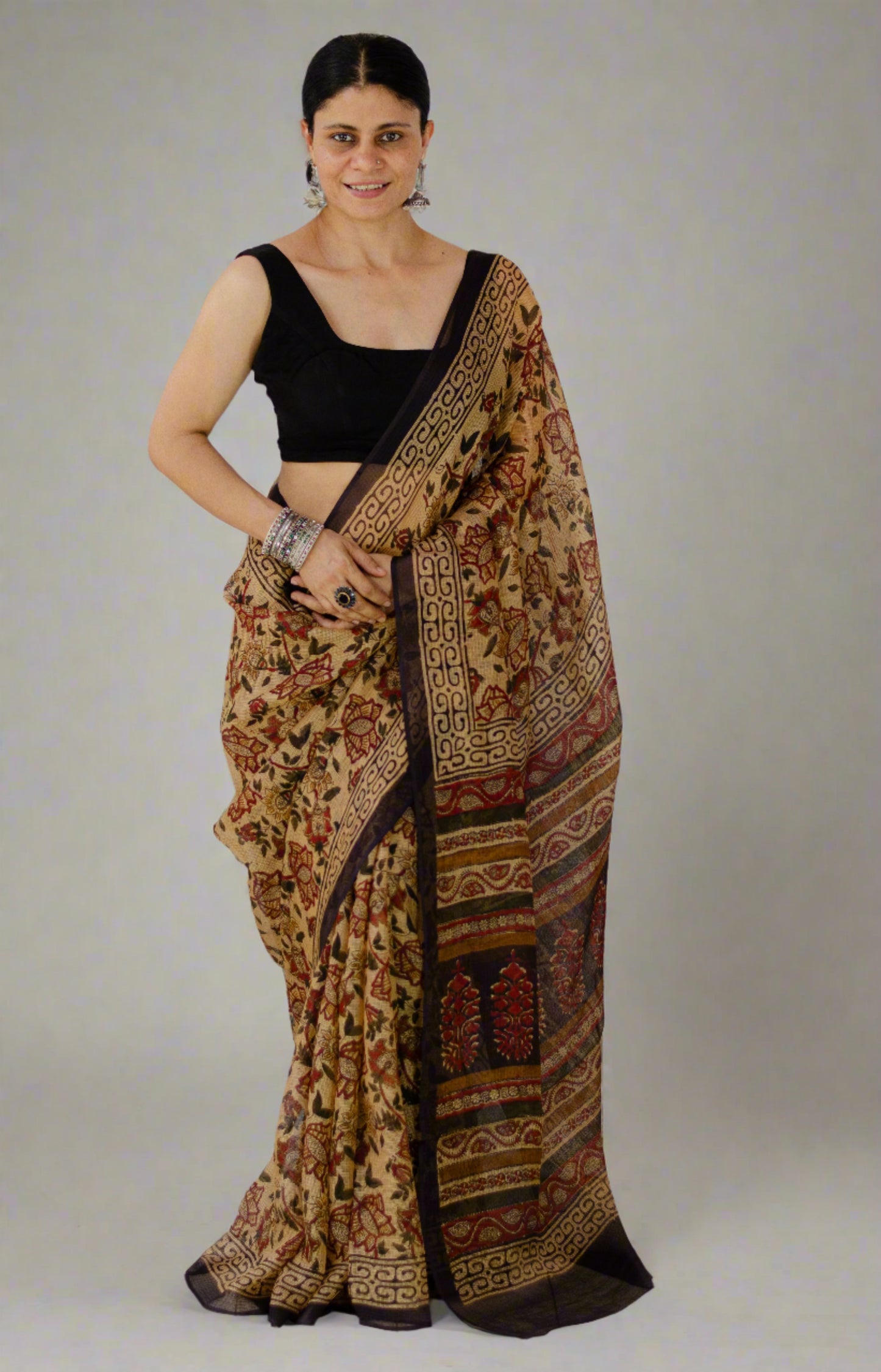 Hand Block Printed Natural Dyed Kota Silk Saree.