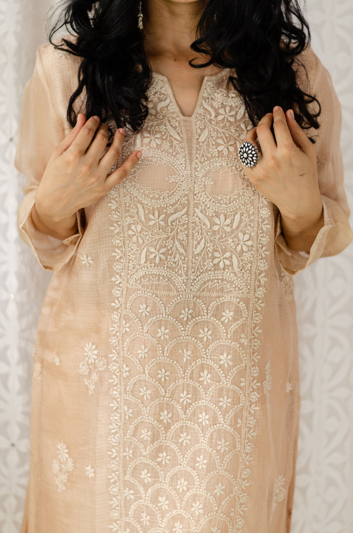 Handembroidered Chikankari Kotasilk Kurta With Lining