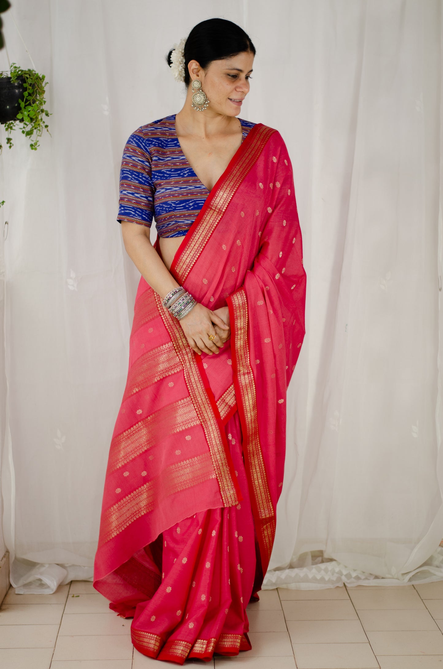 Double Woven handloom Traditional Indori Bootis Muslin Chanderi Saree.