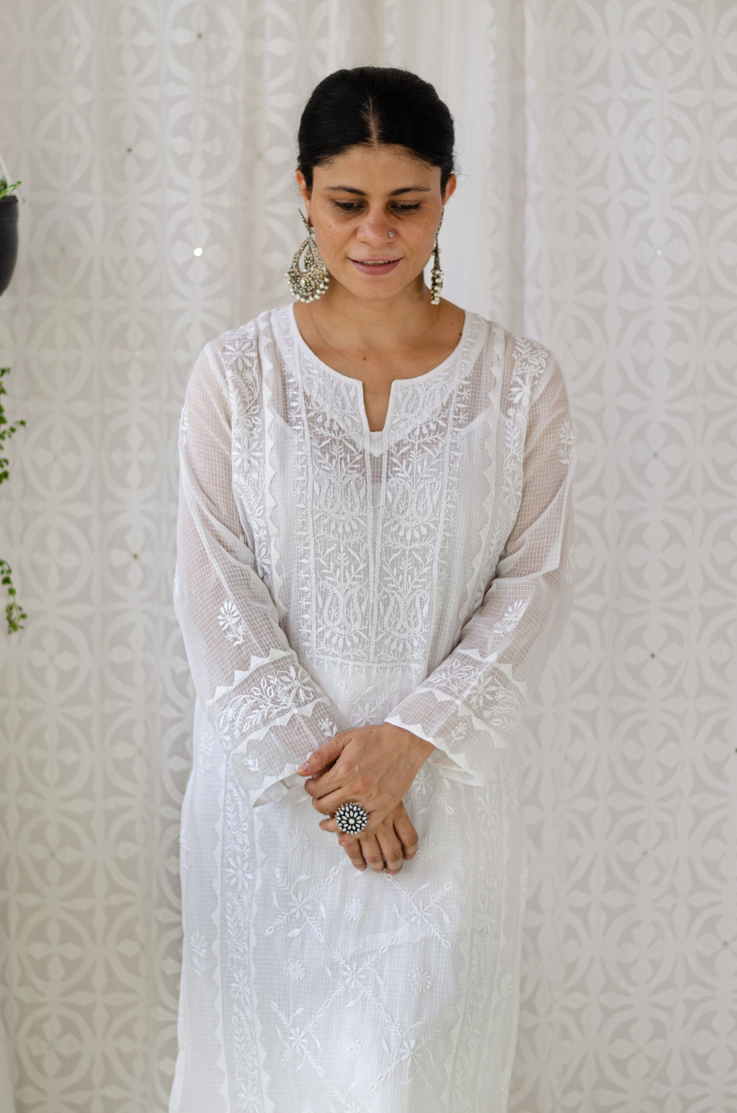 Handembroidered Chikankari Kota Doria Cotton Kurta With Lining and dupatta