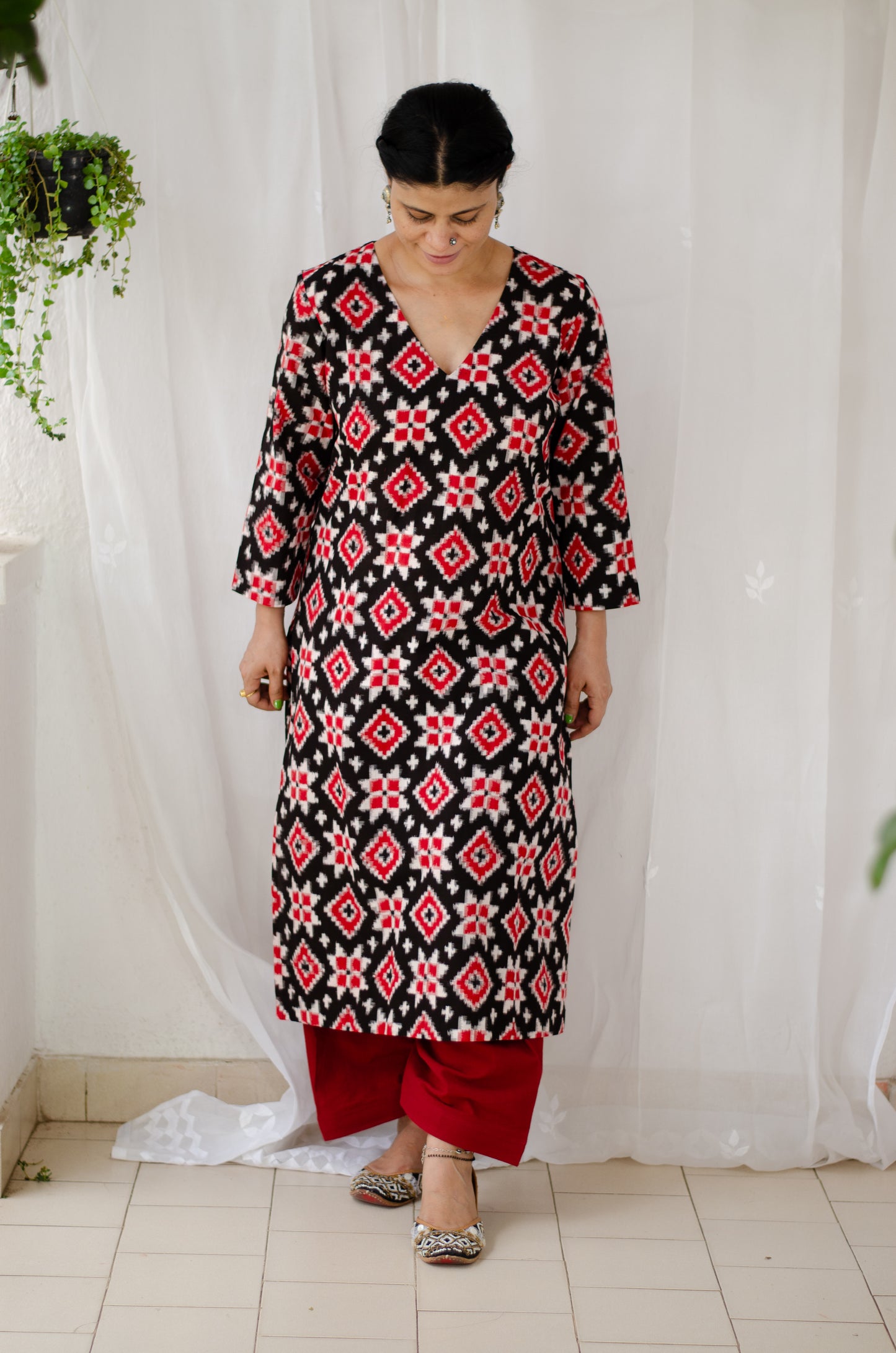 Handloom Teila Rumal ikat straight cut kurta with handwoven cotton salwar set.