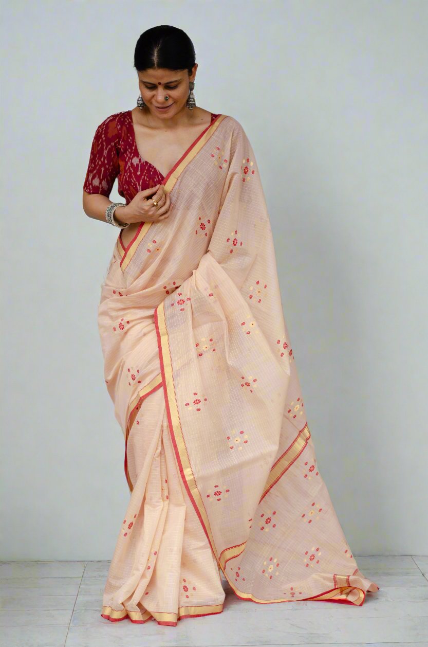 Handloom Cotton Silk Chanderi Saree With Woven Thread & Zari Motifs.