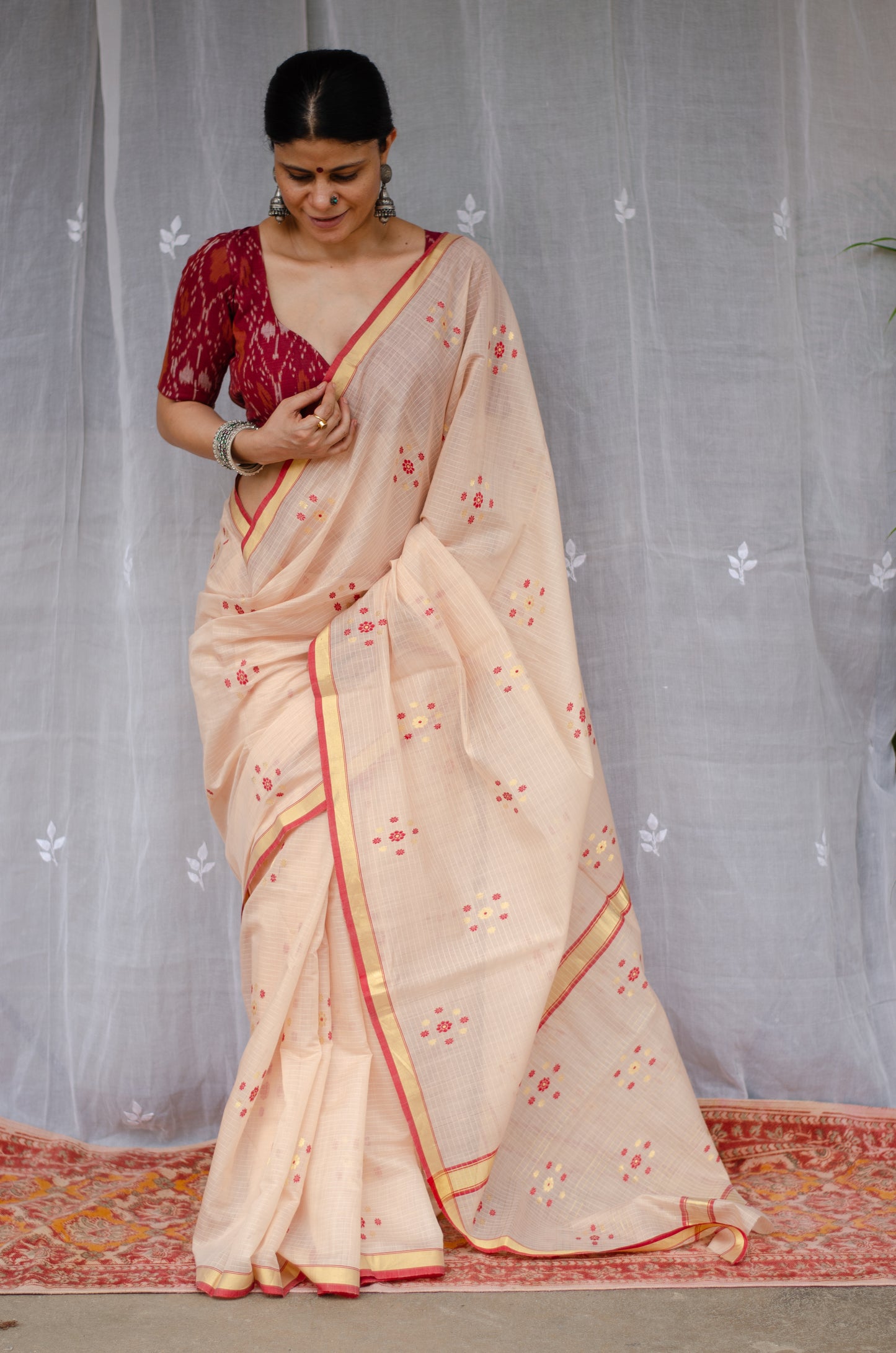 Handloom Cotton Silk Chanderi Saree With Woven Thread & Zari Motifs.