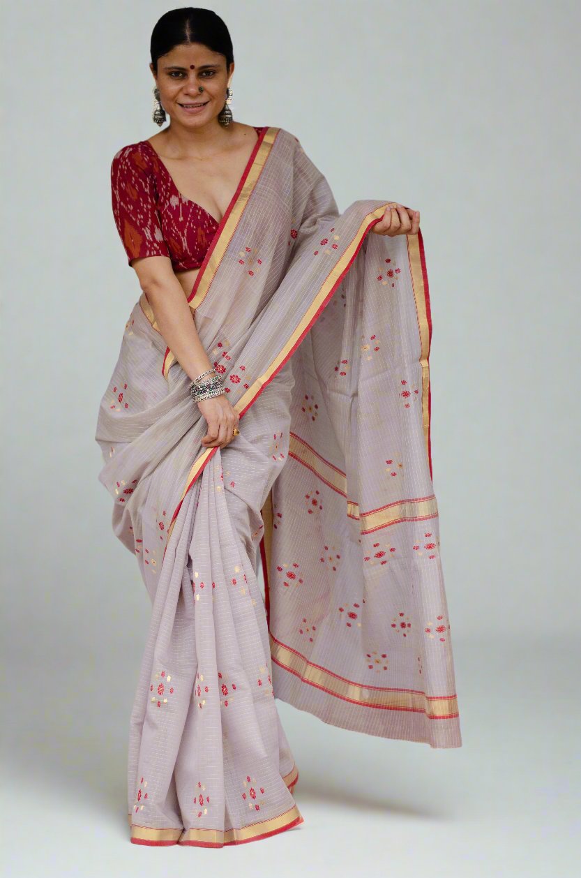 Handloom Cotton Silk Chanderi Saree With Woven Thread & Zari Motifs.