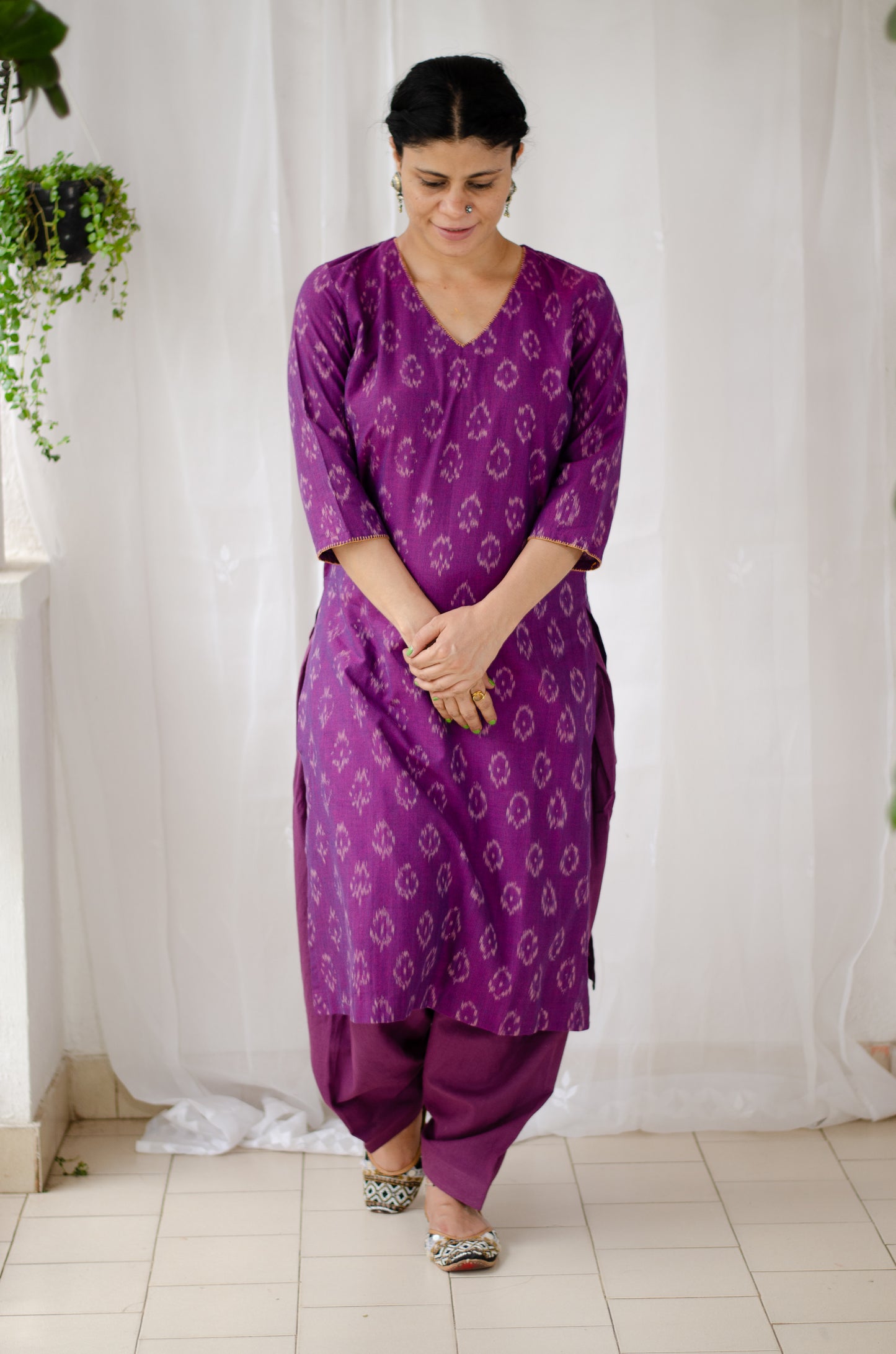 Handloom ikat straight cut kurta with handwoven cotton salwar set.