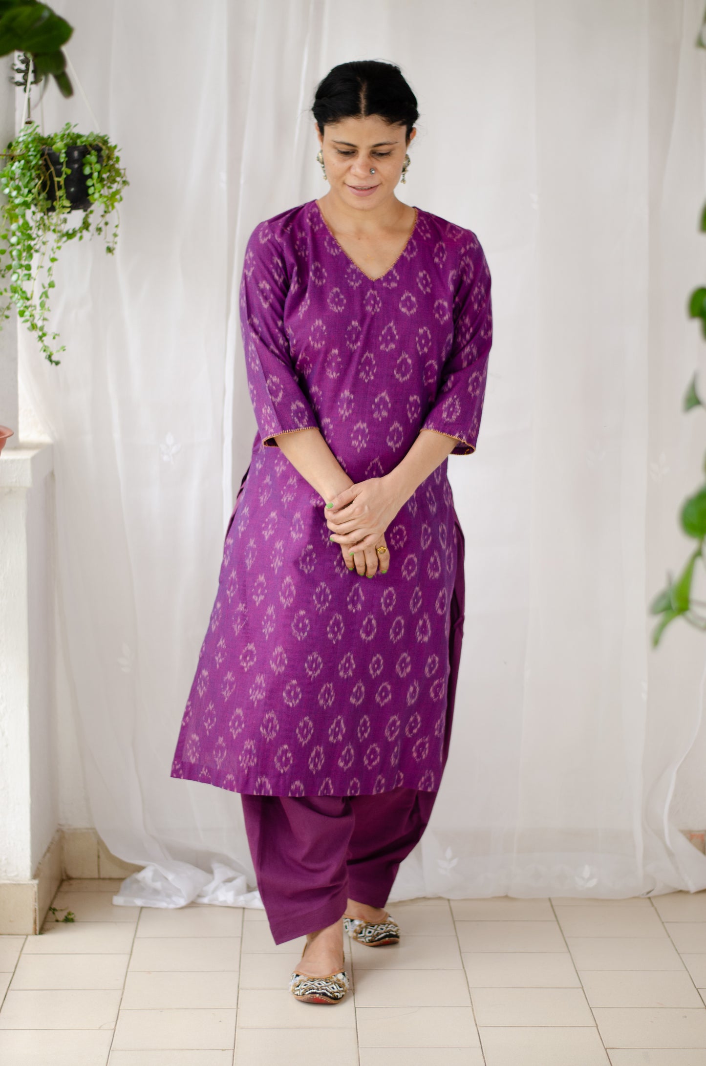 Handloom ikat straight cut kurta with handwoven cotton salwar set.
