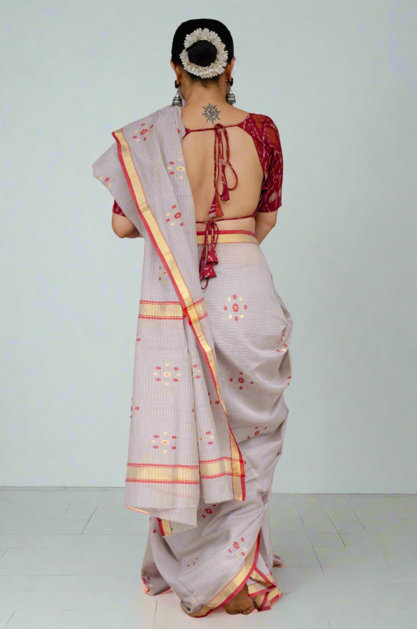 Handloom Cotton Silk Chanderi Saree With Woven Thread & Zari Motifs.