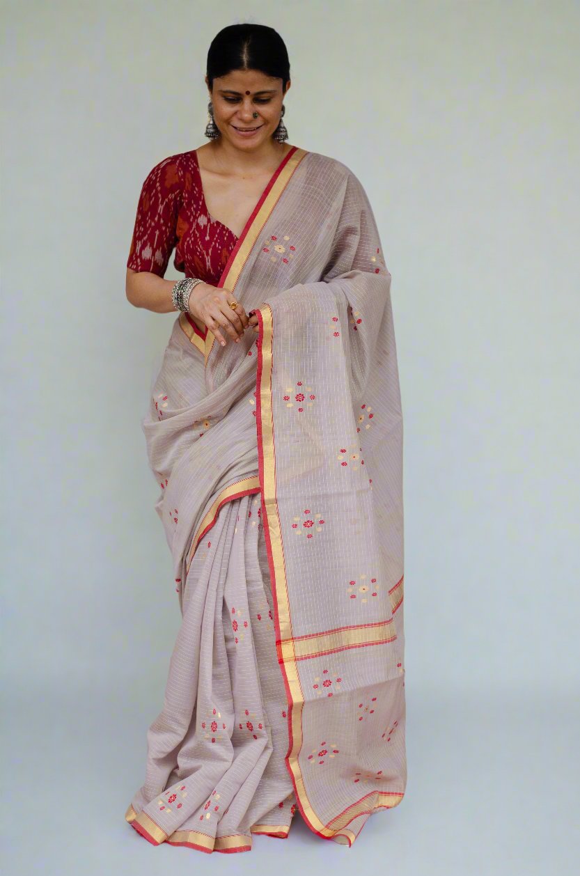 Handloom Cotton Silk Chanderi Saree With Woven Thread & Zari Motifs.
