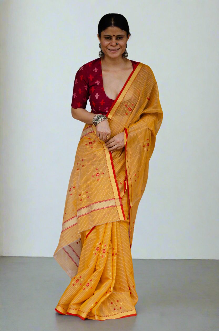Handloom Cotton Silk Chanderi Saree With Woven Thread & Zari Motifs.