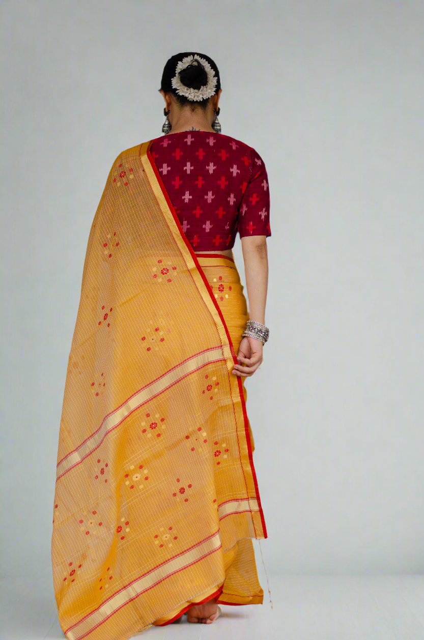 Handloom Cotton Silk Chanderi Saree With Woven Thread & Zari Motifs.