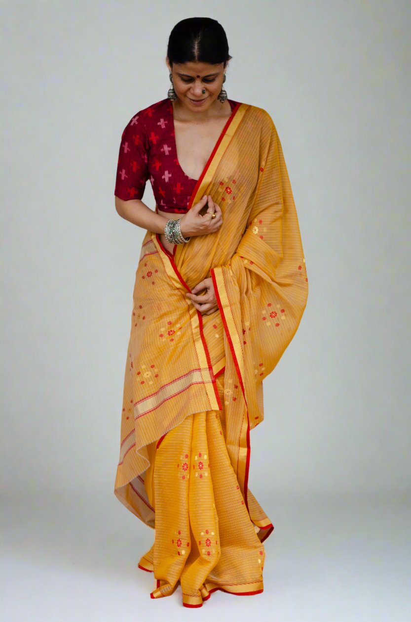 Handloom Cotton Silk Chanderi Saree With Woven Thread & Zari Motifs.