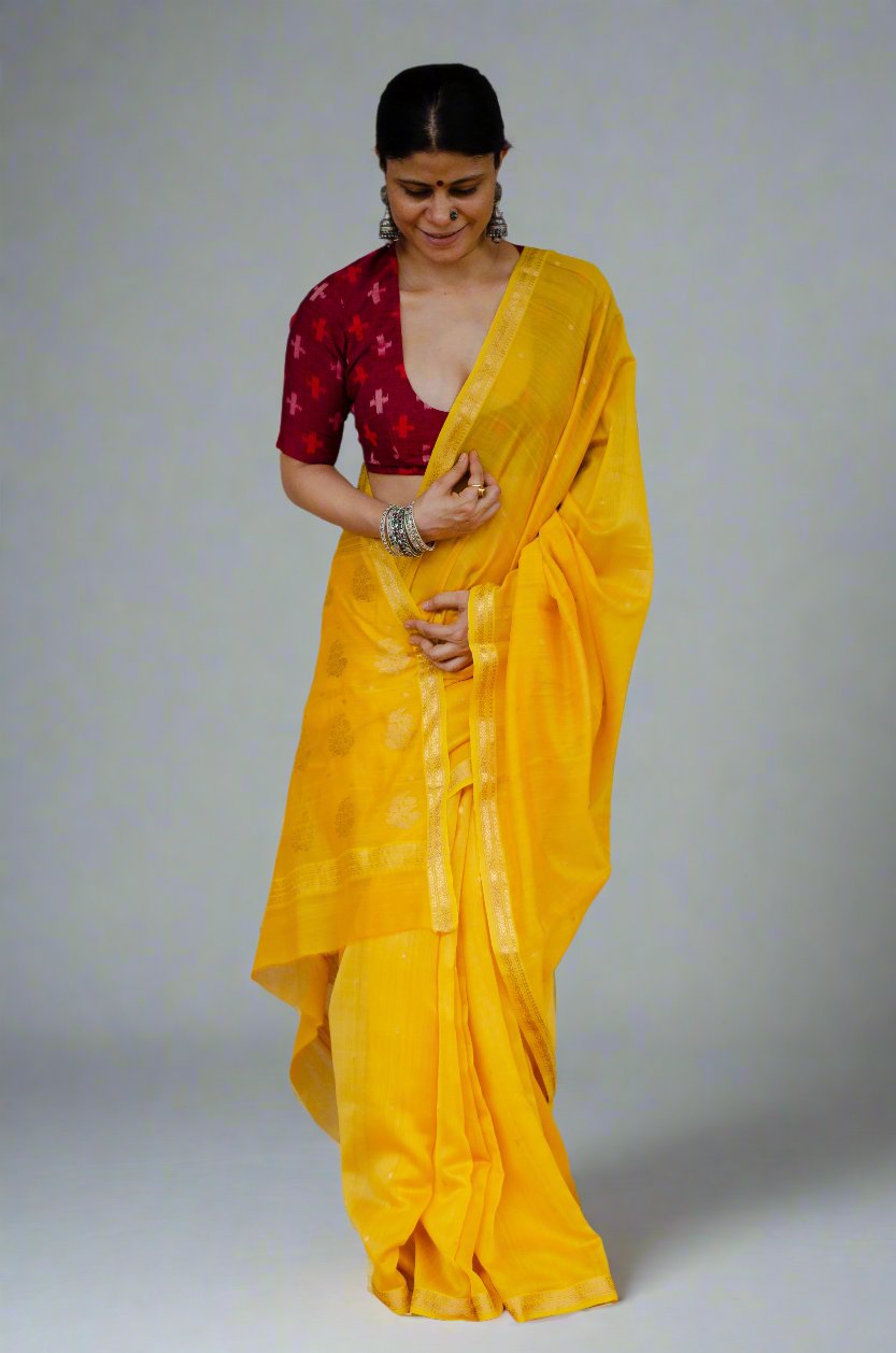 Handloom Cotton Silk Chanderi Saree With Woven Booties & Nakashi Border