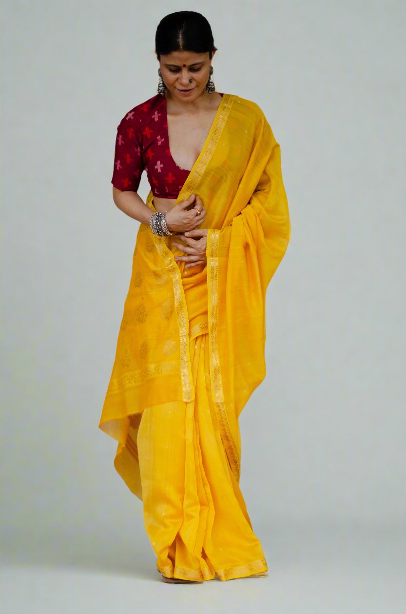 Handloom Cotton Silk Chanderi Saree With Woven Booties & Nakashi Border