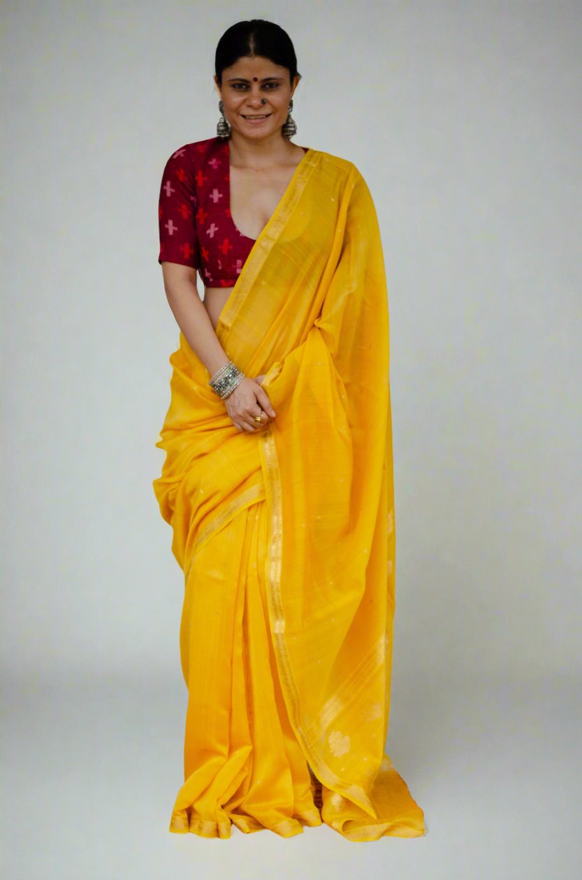 Handloom Cotton Silk Chanderi Saree With Woven Booties & Nakashi Border