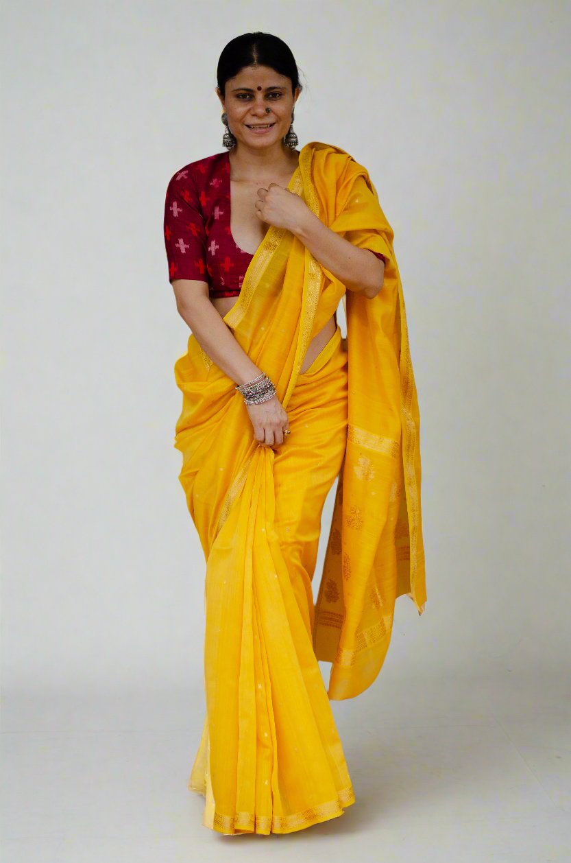 Handloom Cotton Silk Chanderi Saree With Woven Booties & Nakashi Border