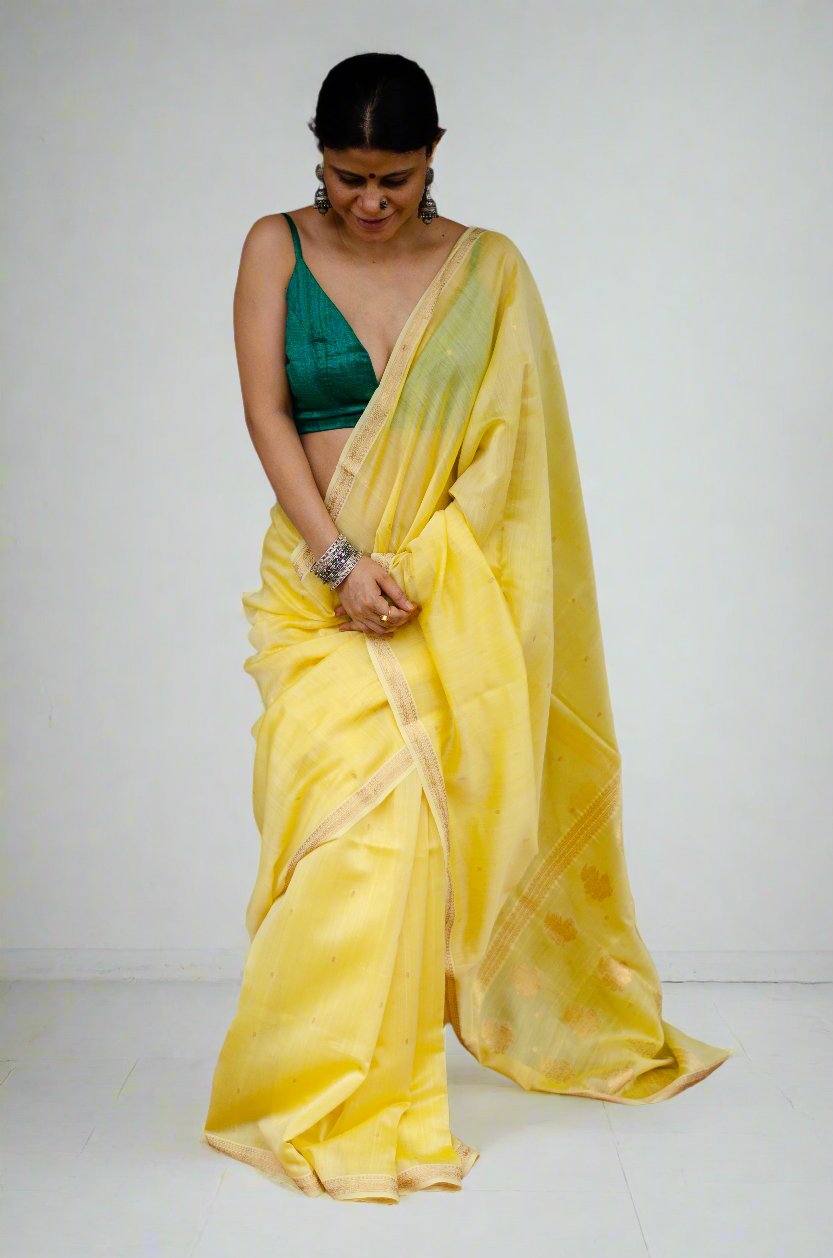 Handloom Cotton Silk Chanderi Saree With Woven Booties & Nakashi Border