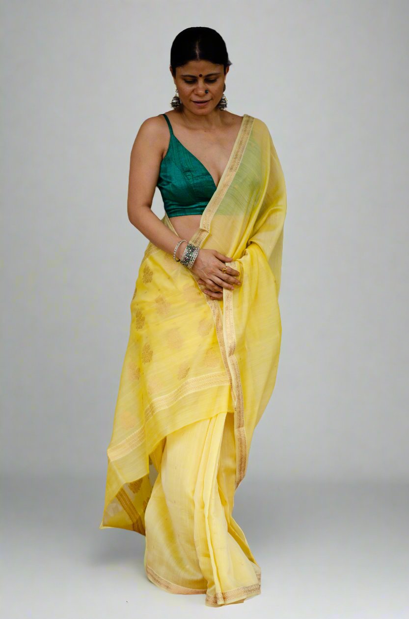 Handloom Cotton Silk Chanderi Saree With Woven Booties & Nakashi Border