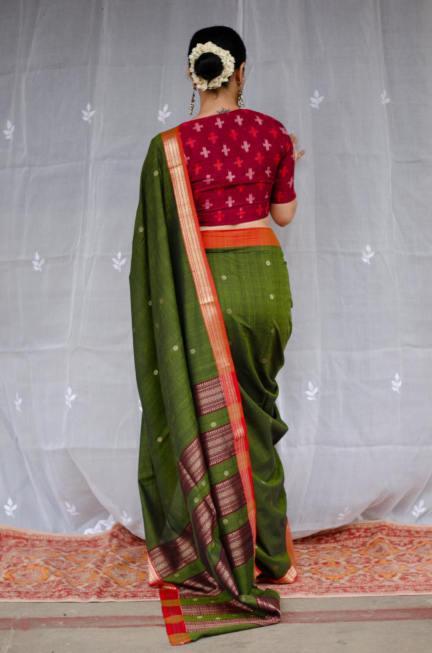 Double Woven handloom Traditional Indori Bootis Muslin Chanderi Saree.