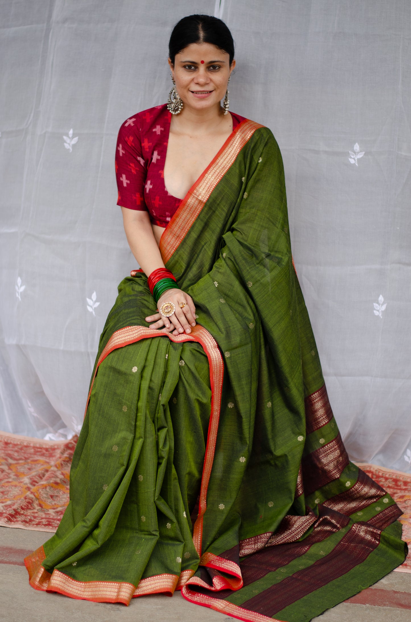 Double Woven handloom Traditional Indori Bootis Muslin Chanderi Saree.