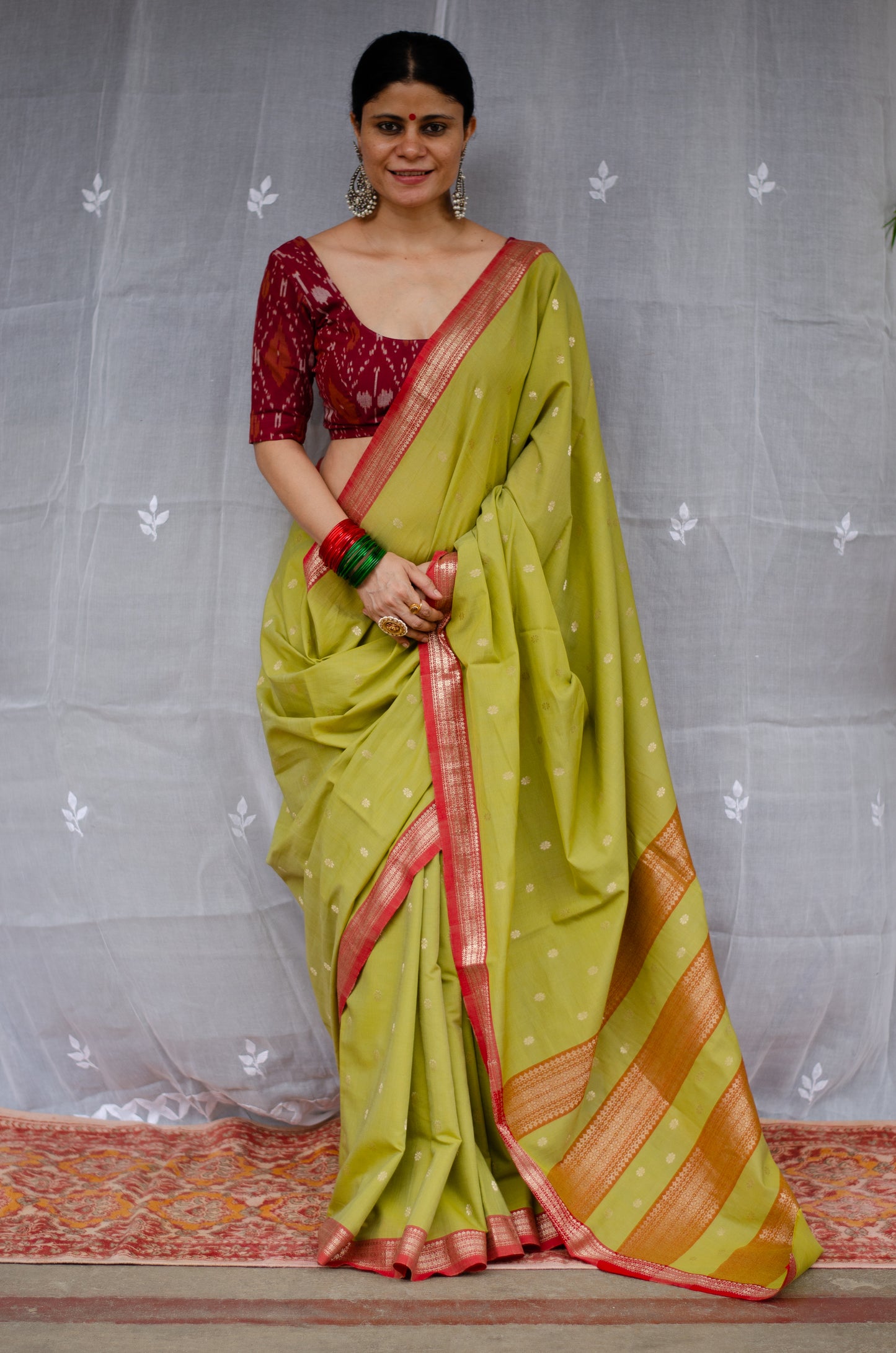 Double Woven handloom Traditional Indori Bootis Muslin Chanderi Saree.