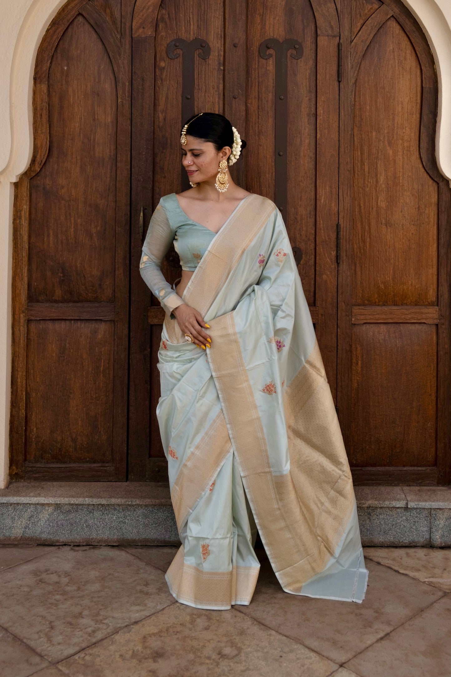 Light Sage Green Colour Handwoven Kadwa Katan Silk Banarasi Saree