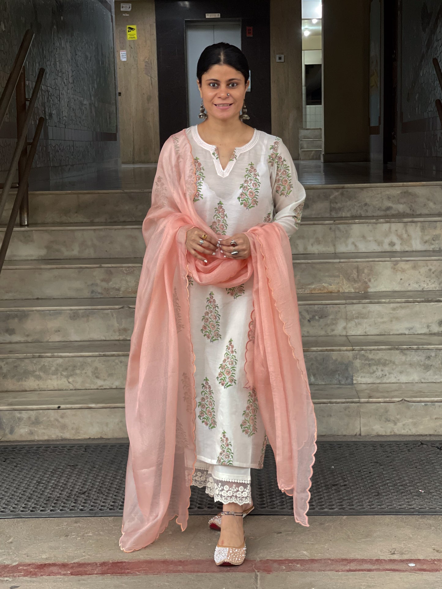 Handloom & handblock printed chanderi silk cotton kurta with kota silk dupatta