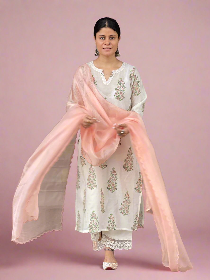 Handloom & handblock printed chanderi silk cotton kurta with kota silk dupatta
