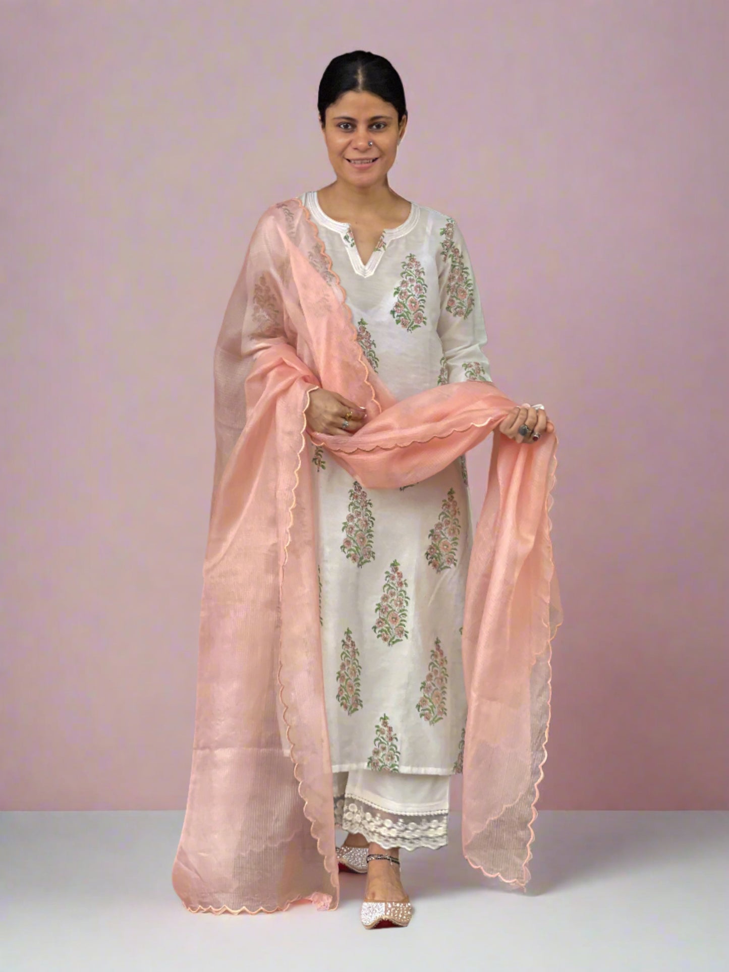 Handloom & handblock printed chanderi silk cotton kurta with kota silk dupatta