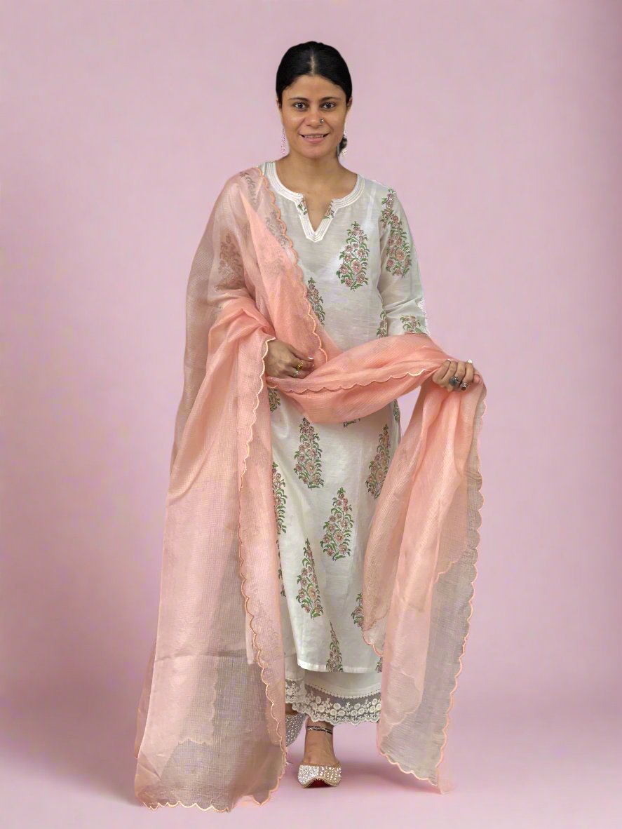 Handloom & handblock printed chanderi silk cotton kurta with kota silk dupatta