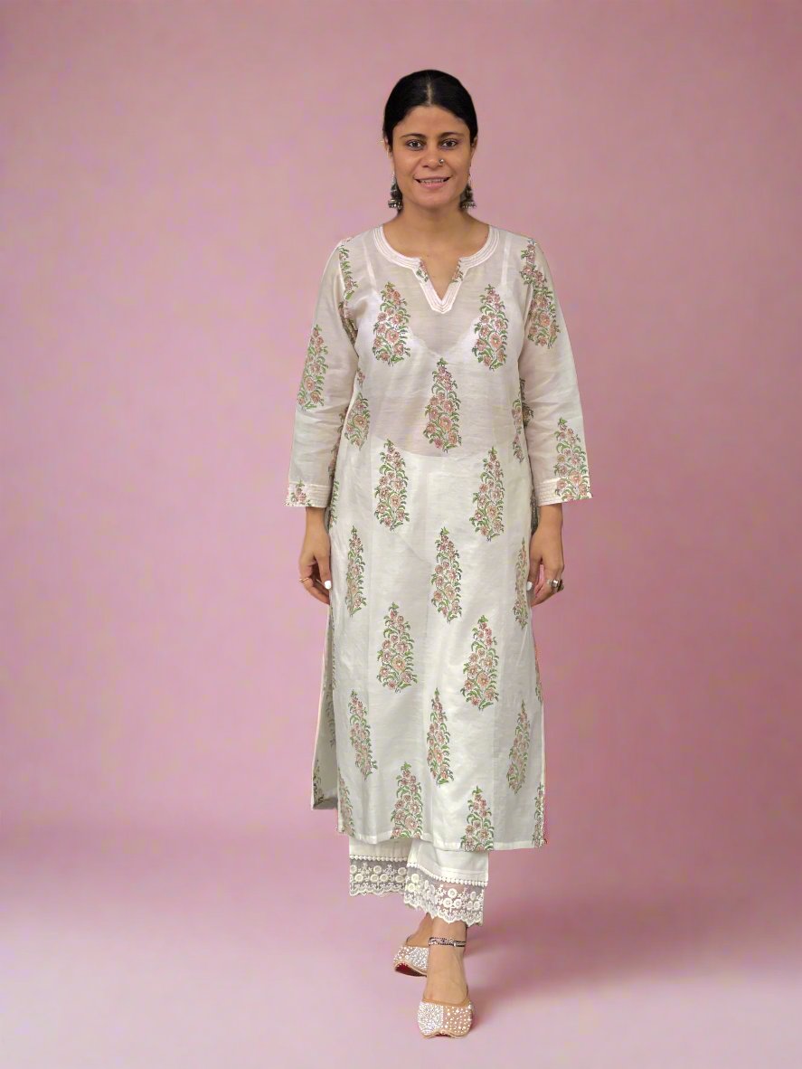 Handloom & handblock printed chanderi silk cotton kurta with kota silk dupatta