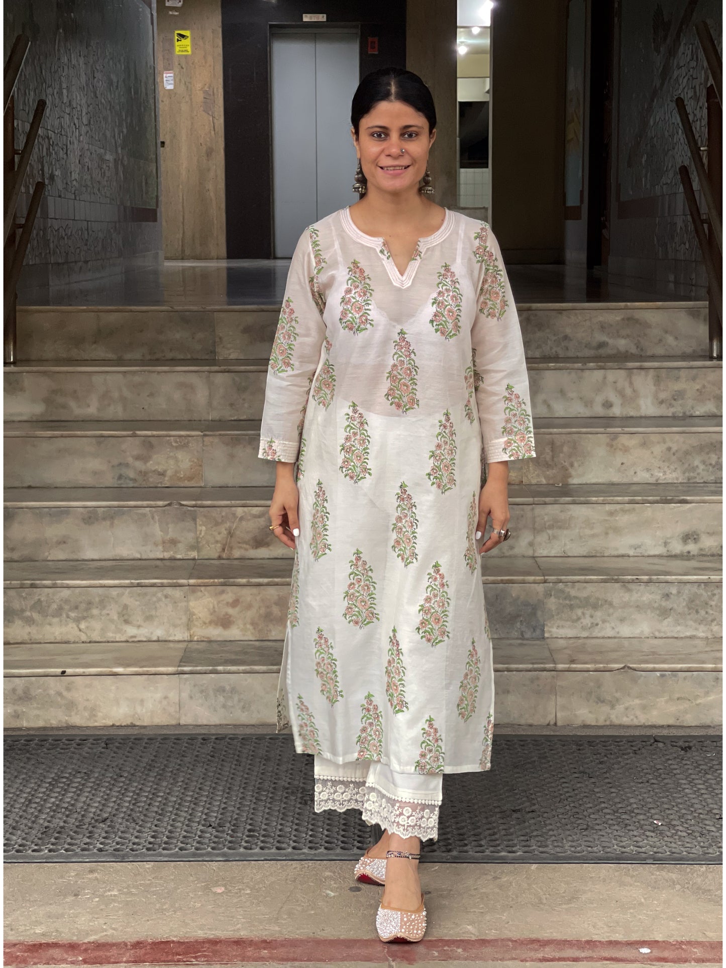 Handloom & handblock printed chanderi silk cotton kurta with kota silk dupatta