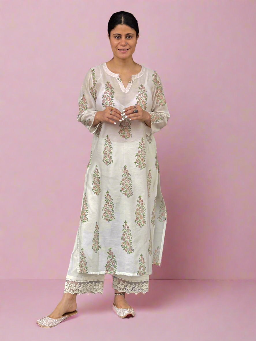 Handloom & handblock printed chanderi silk cotton kurta with kota silk dupatta