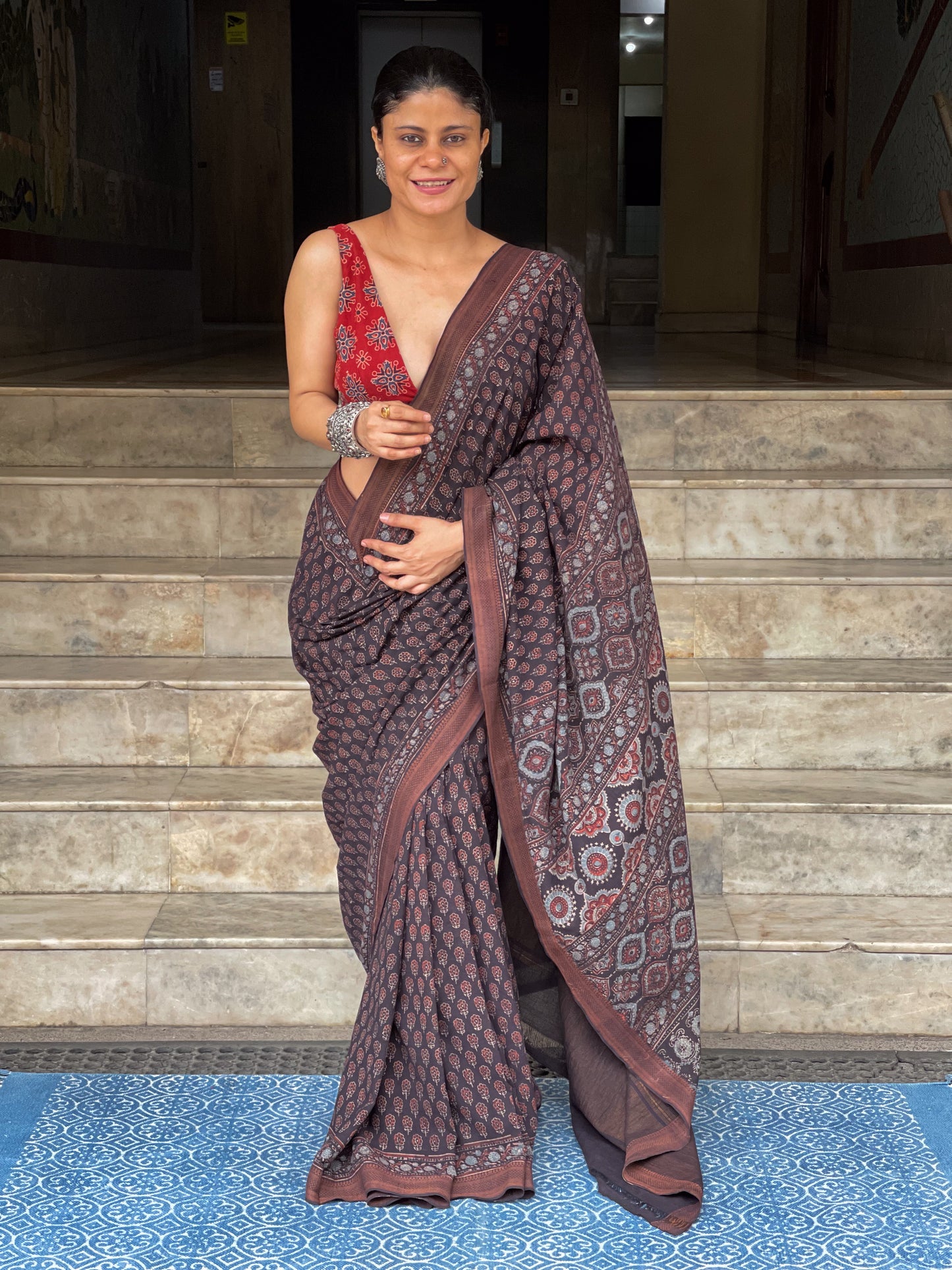 Handblock Printed Natural Dyed Ajrakh Mangalgiri Cotton Saree